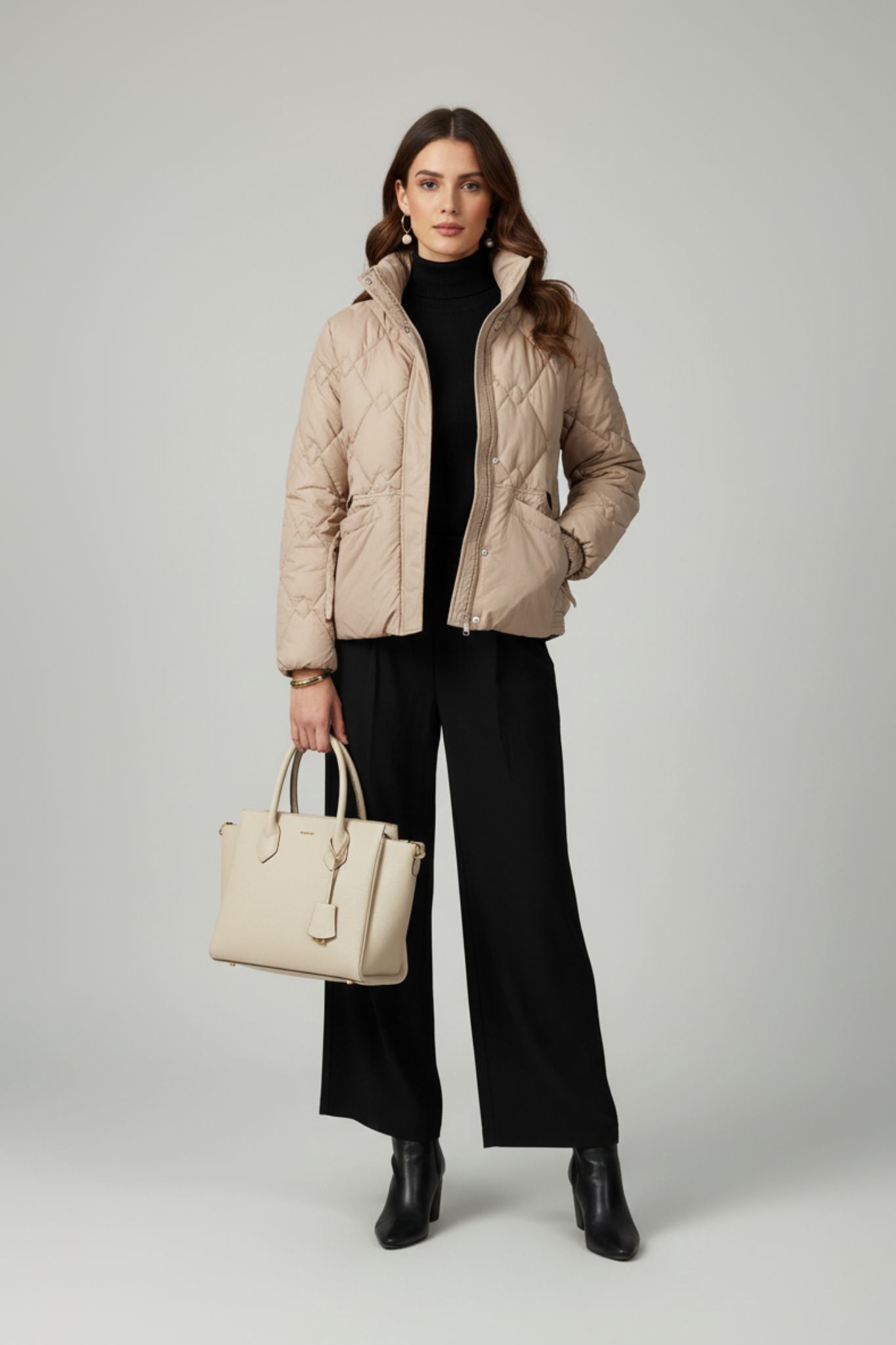 Diamond-Stitch Quilted Beige Jacket