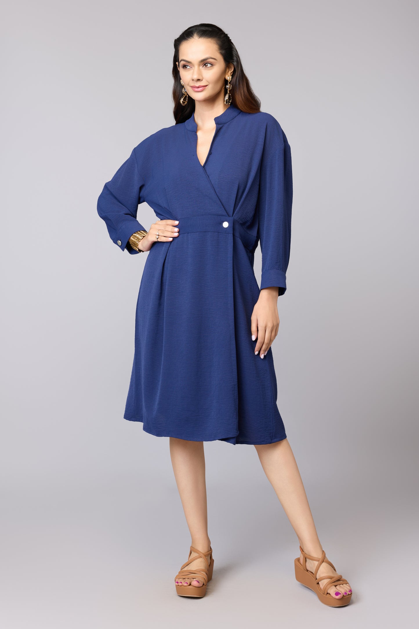 Blue Overlap Midi Dress
