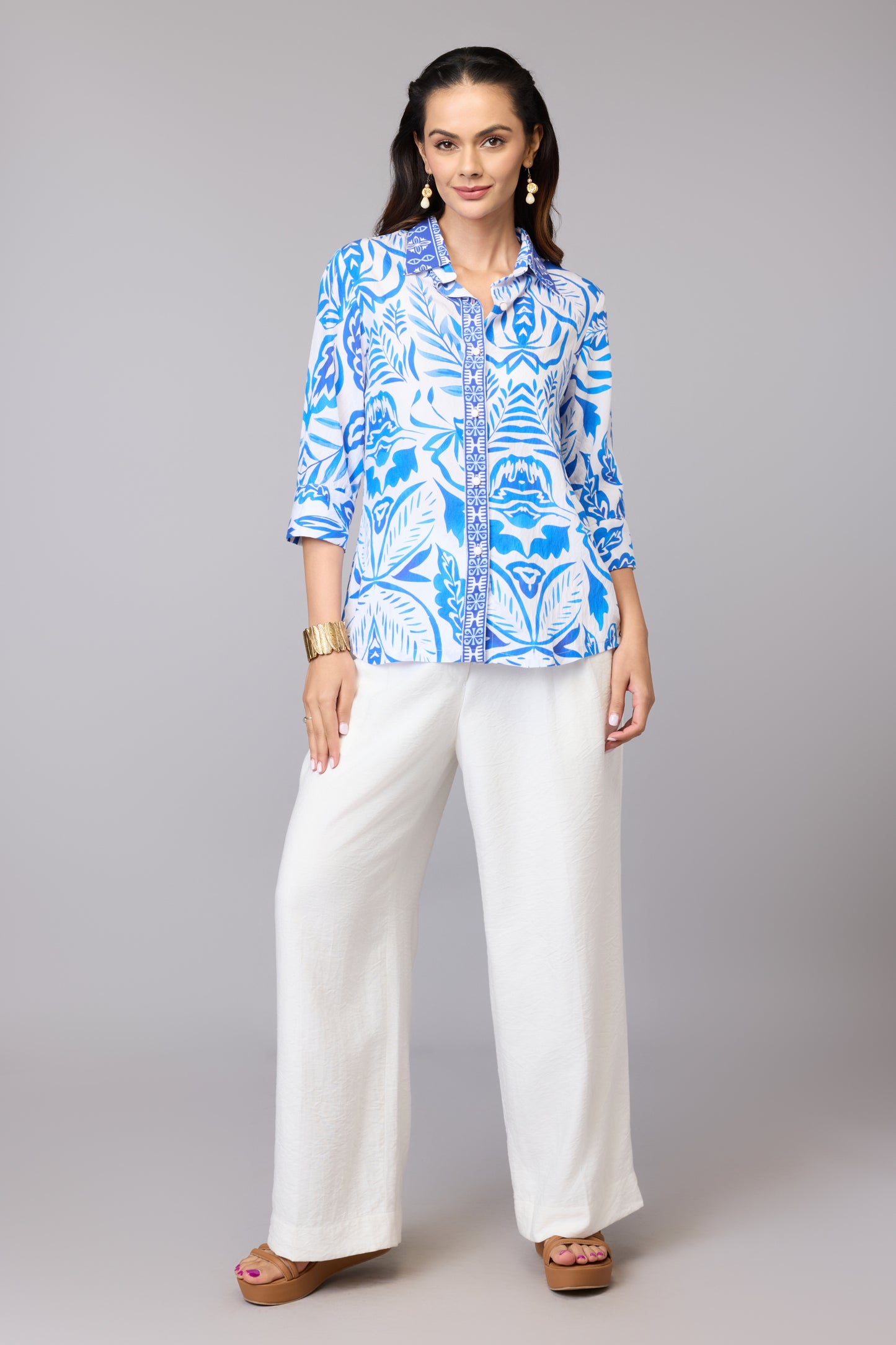 Blue Tile Print Shirt Top