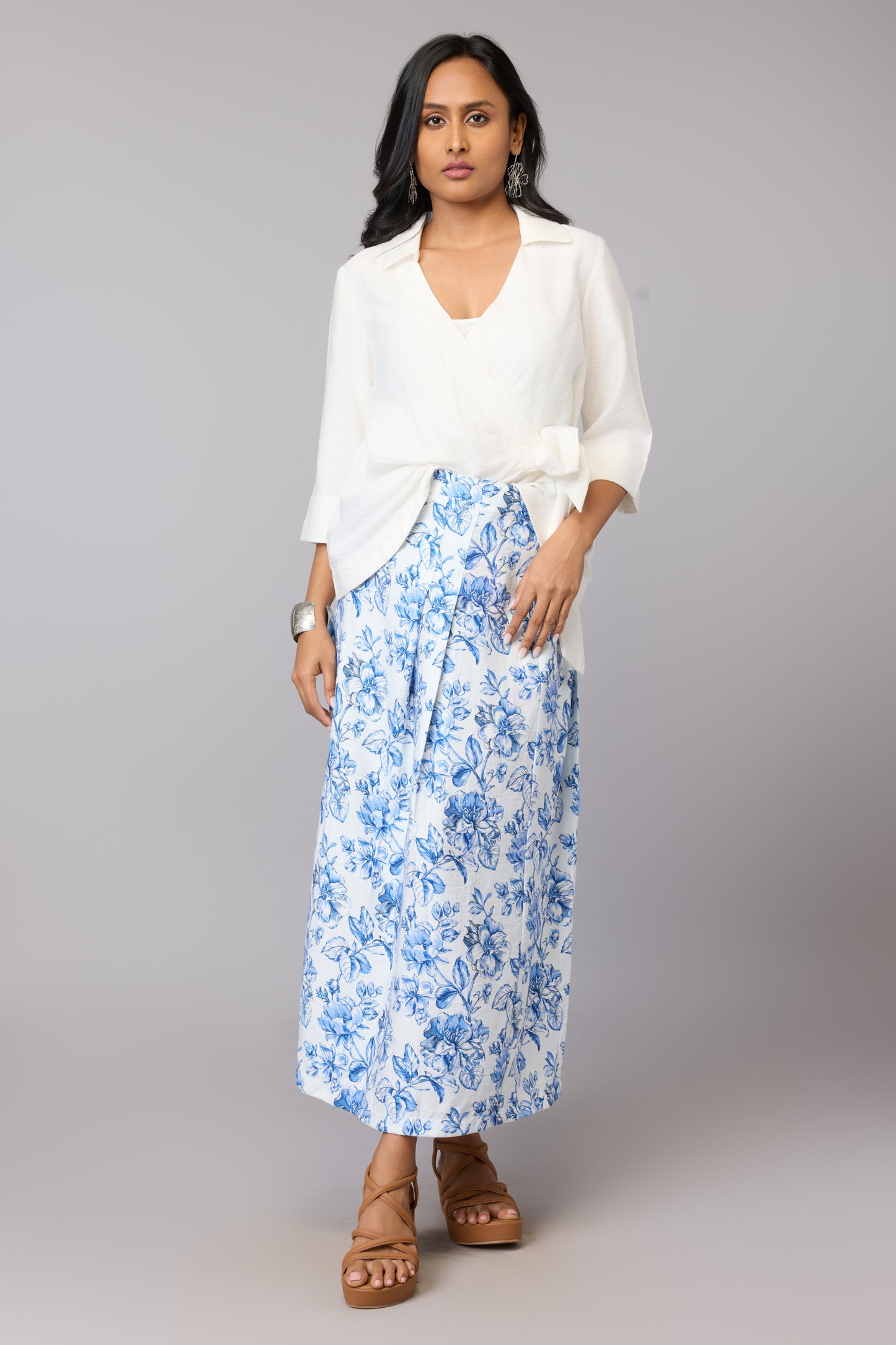 Elegant Blue Floral A-Line Skirt