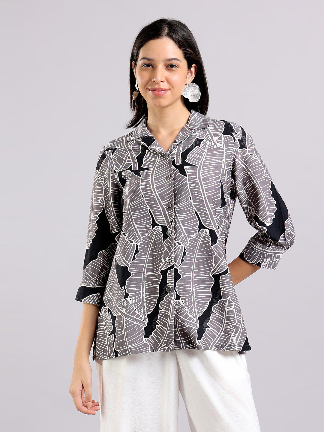 Black Leaf Print Shirt Top