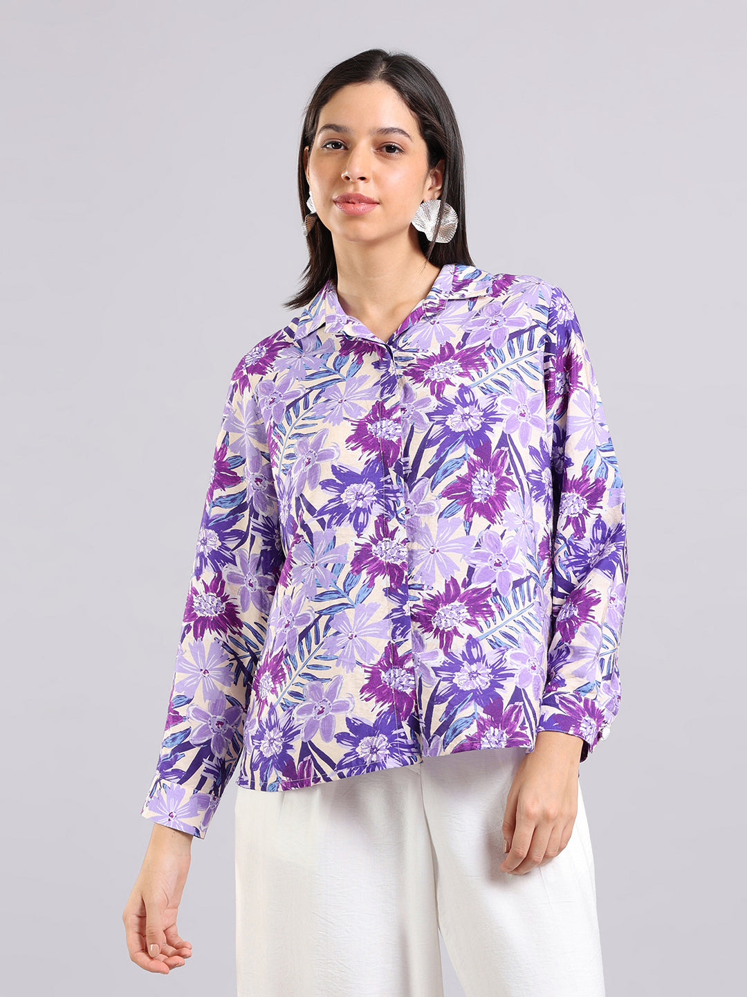 Tropical Floral Print Button-Down Shirt