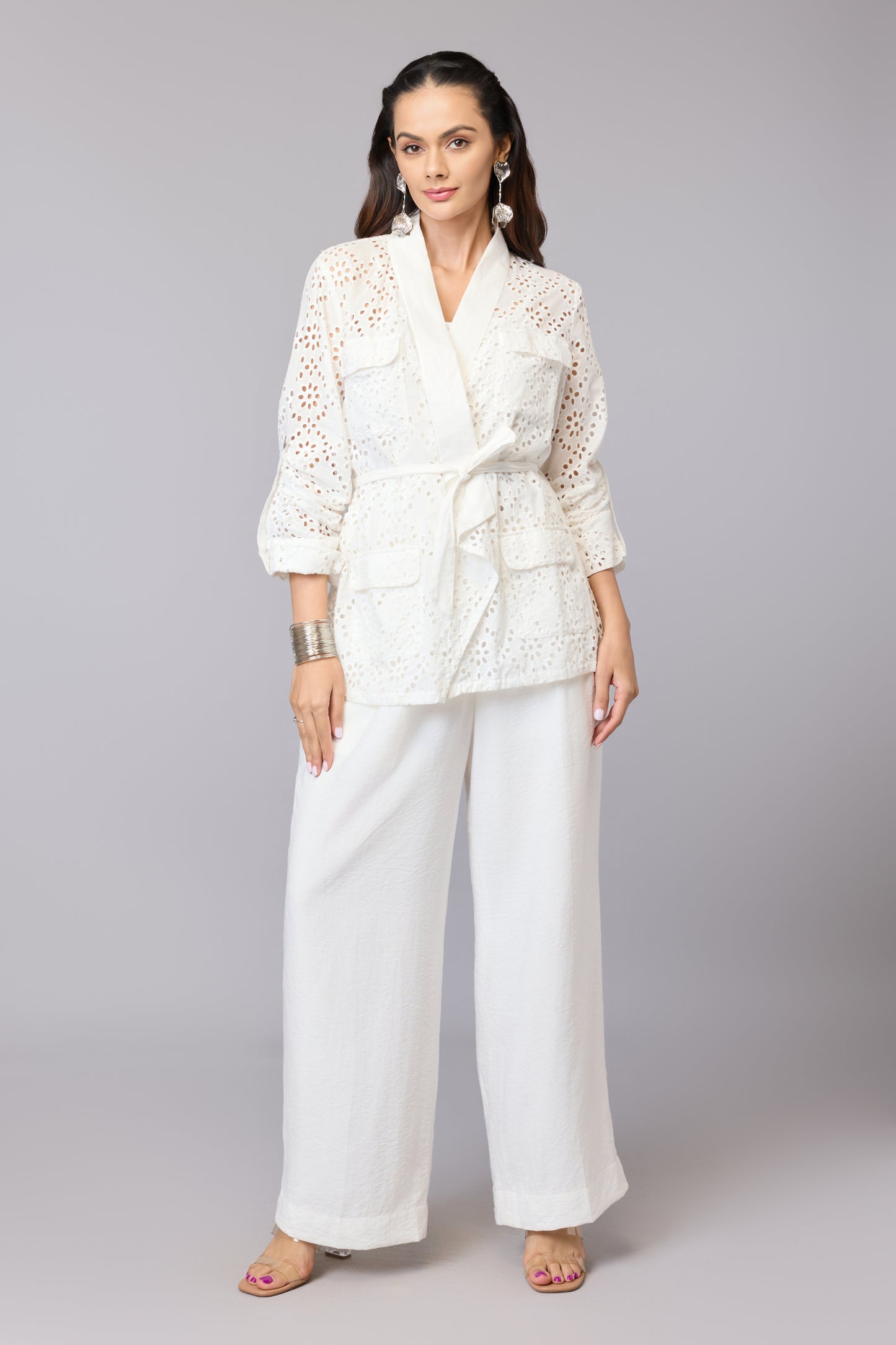 Classic White Belted Schiffli Shirt
