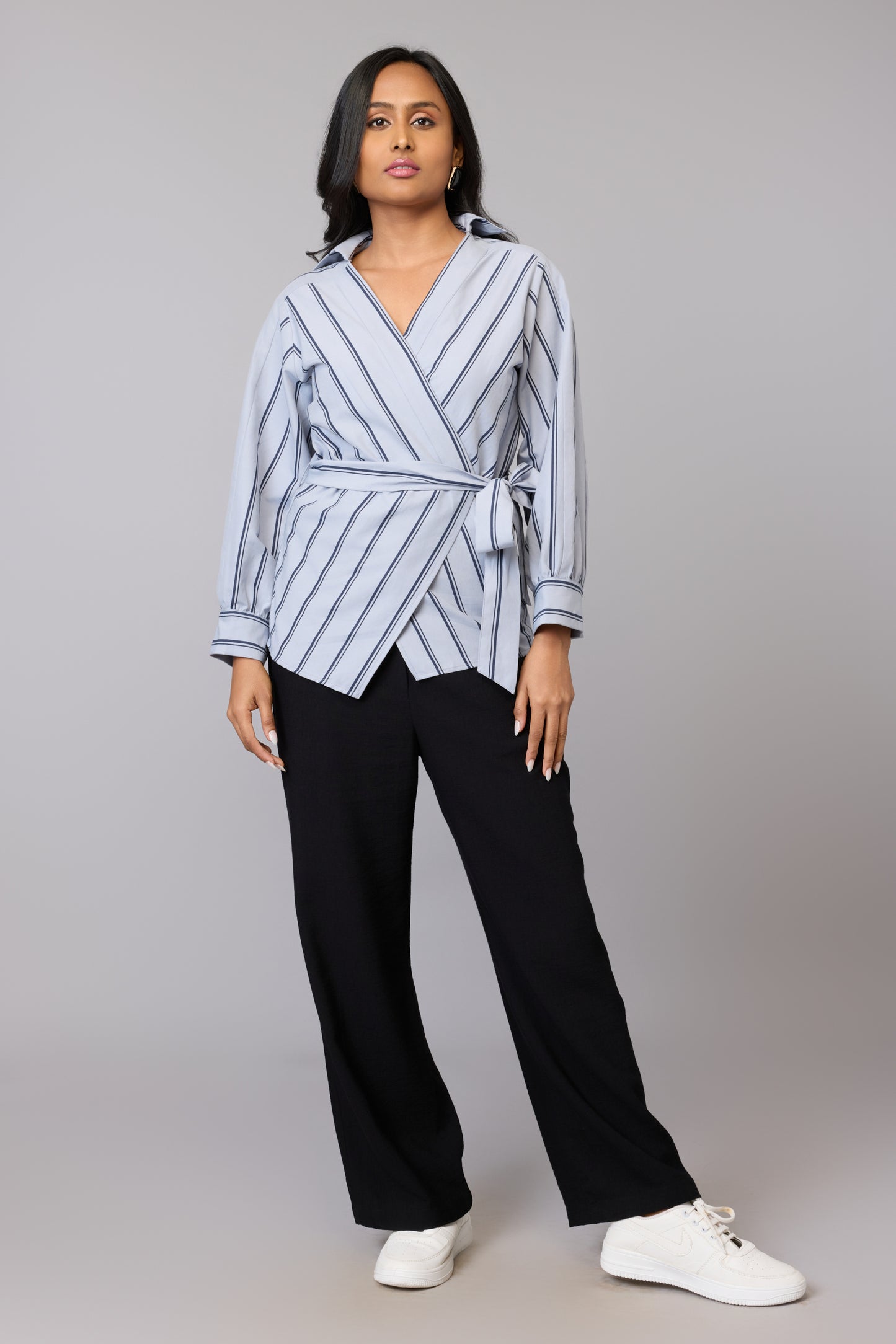 Striking Grey Stripe Wrap Top