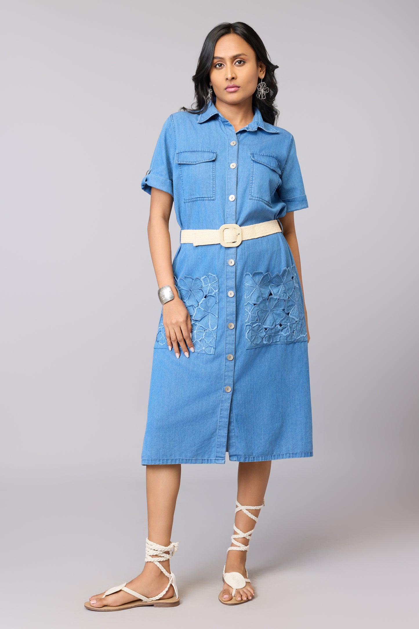 Floral Pocket Lyocell Denim Shirt Dress