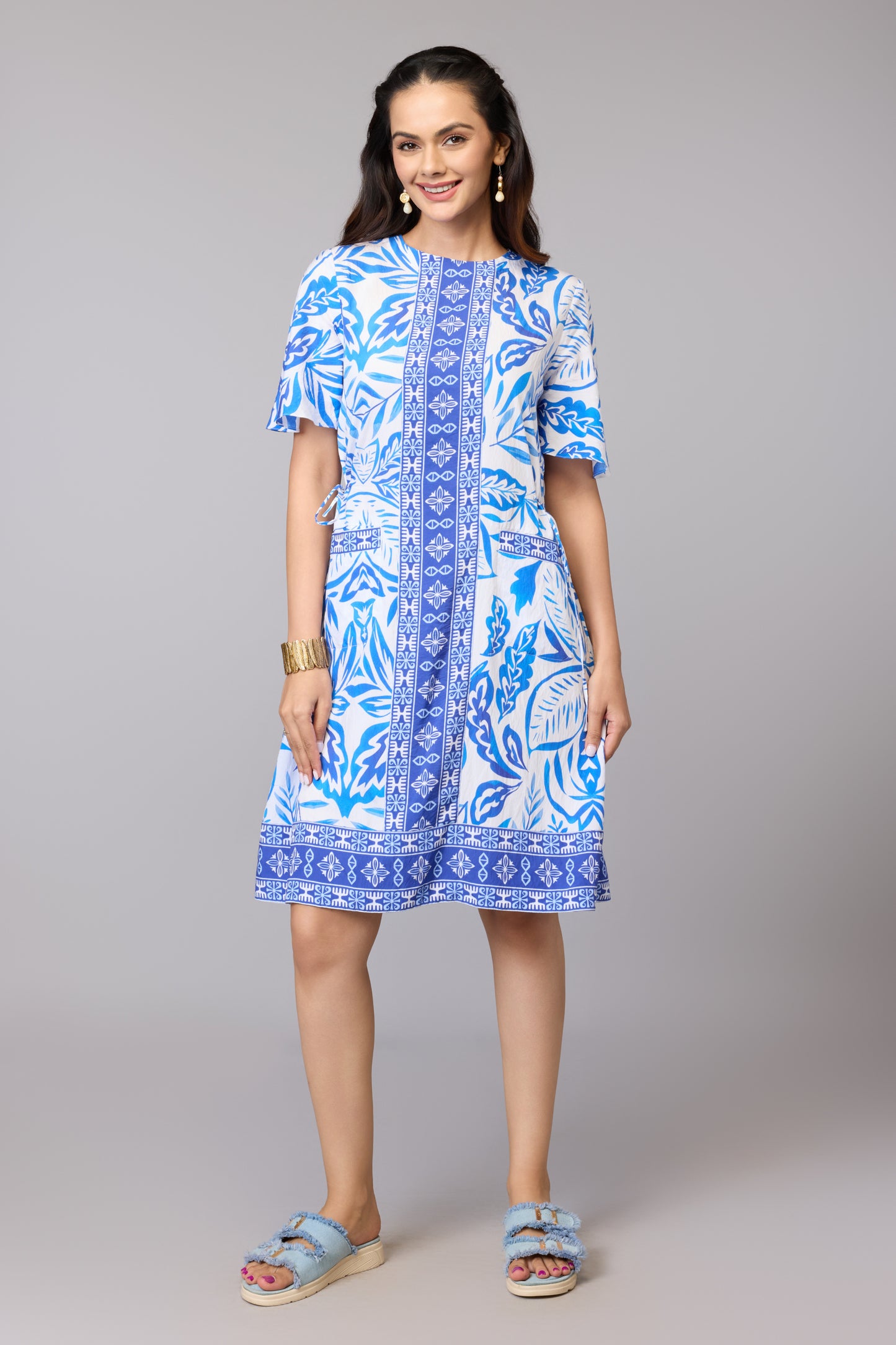 Blue Bloom Print A-Line Dress