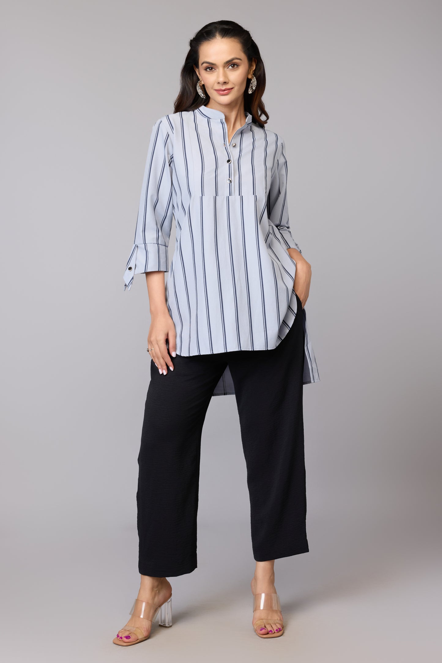 Elegant Grey Stripe Cotton Tunic