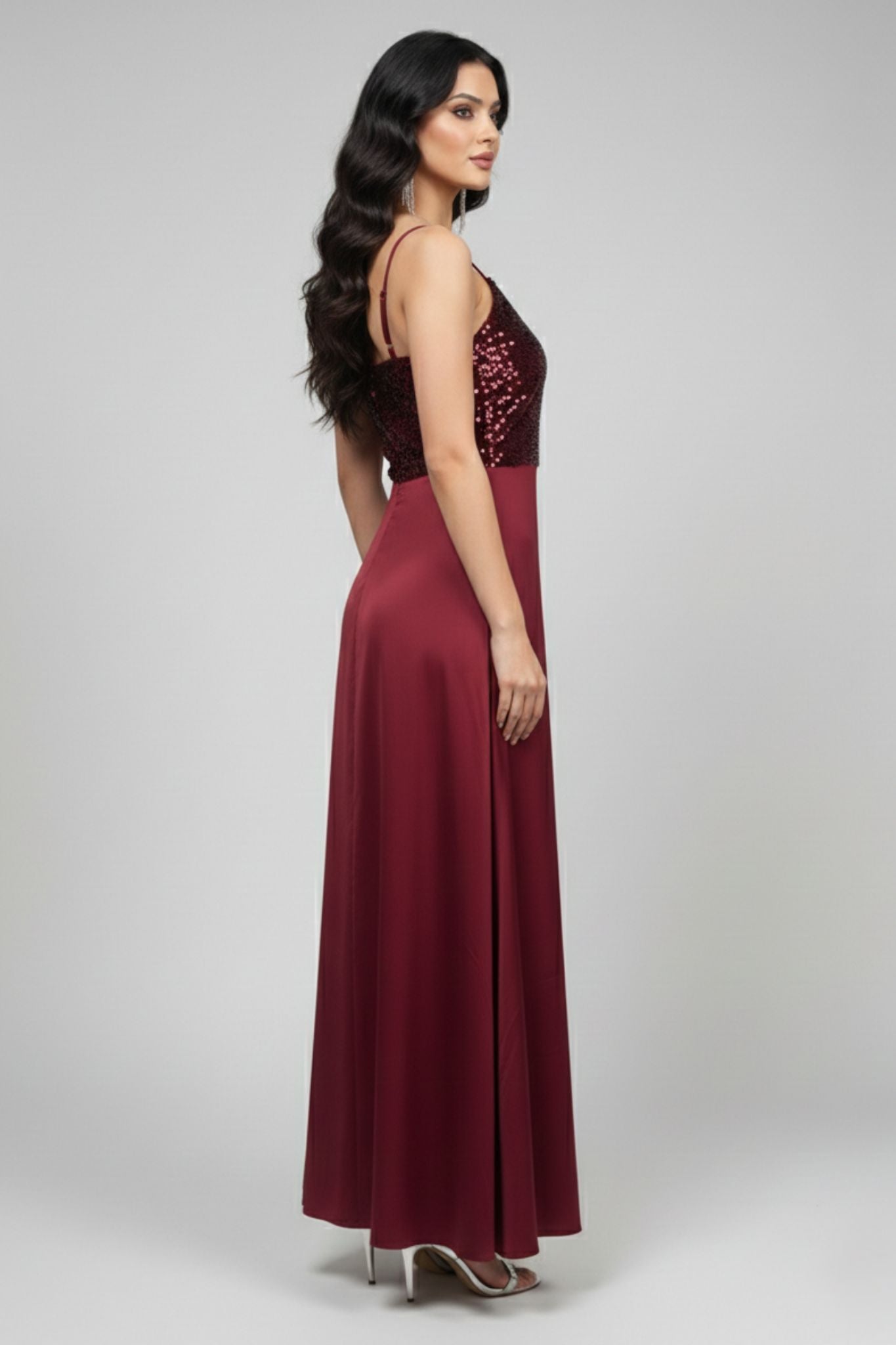 Bodice Satin Maxi Dress - Maroon | Satin