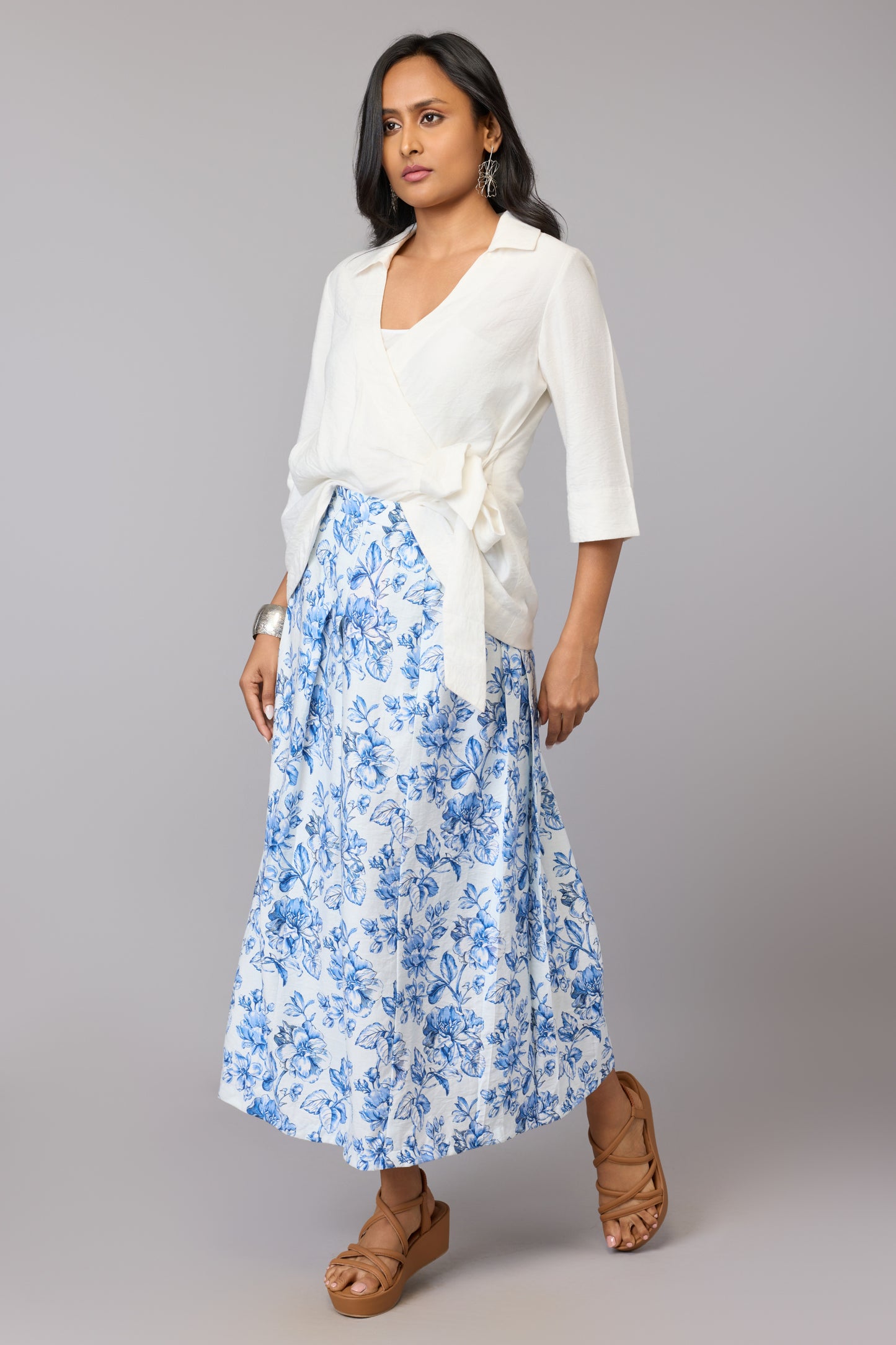 Elegant Blue Floral A-Line Skirt