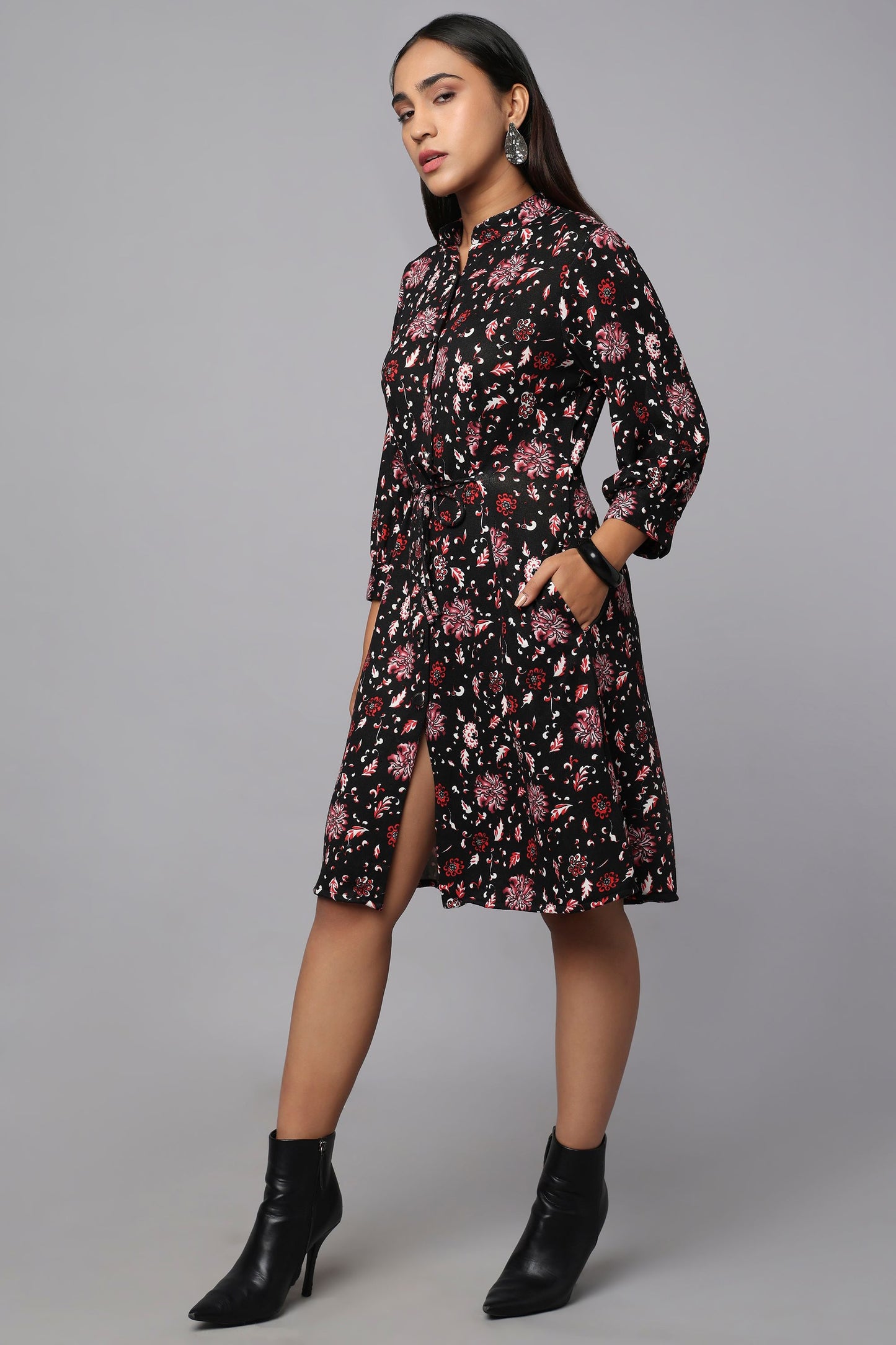 Black Printed Tie-Waist Shirt Dress