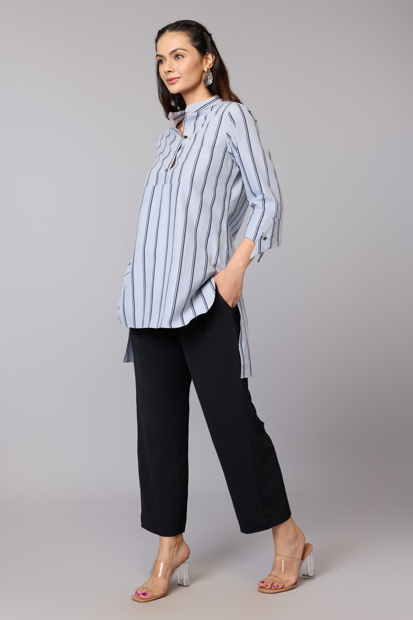 Elegant Grey Stripe Cotton Tunic