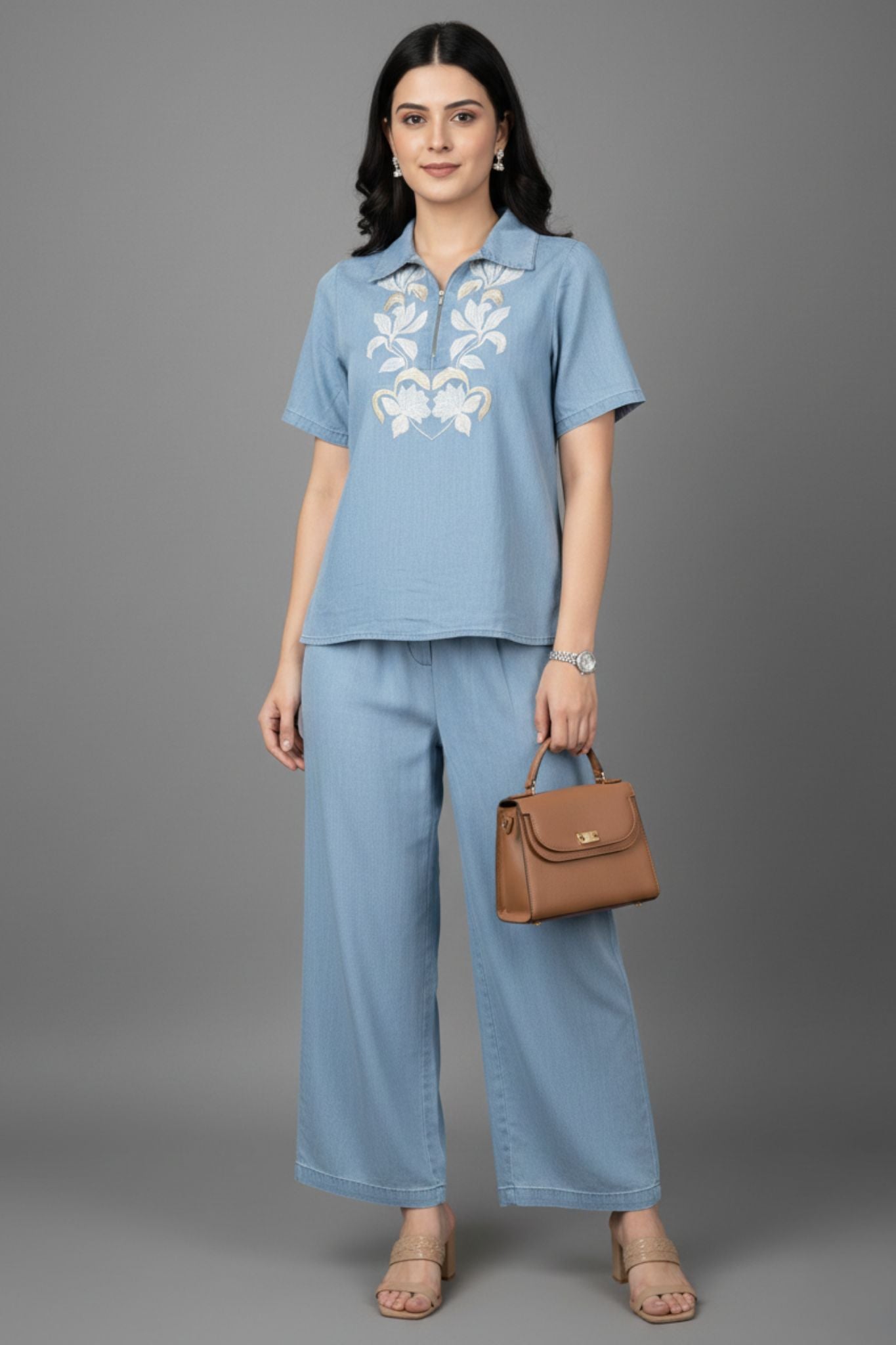 Embroidered Co-Ord Set - Blue | Collared Lyocell Denim