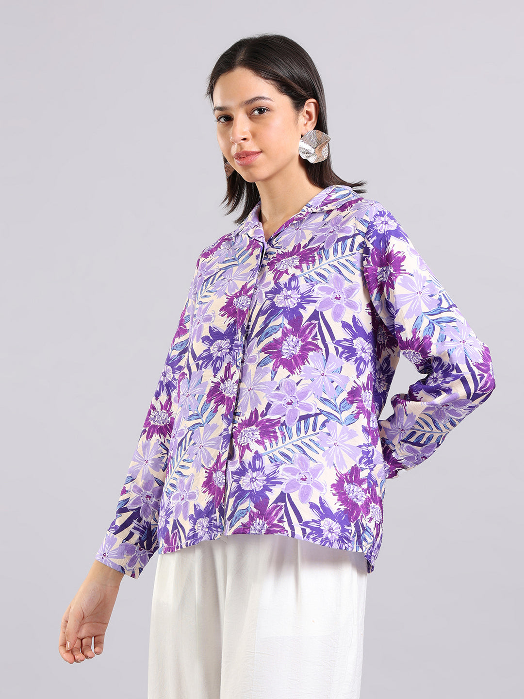 Tropical Floral Print Button-Down Shirt
