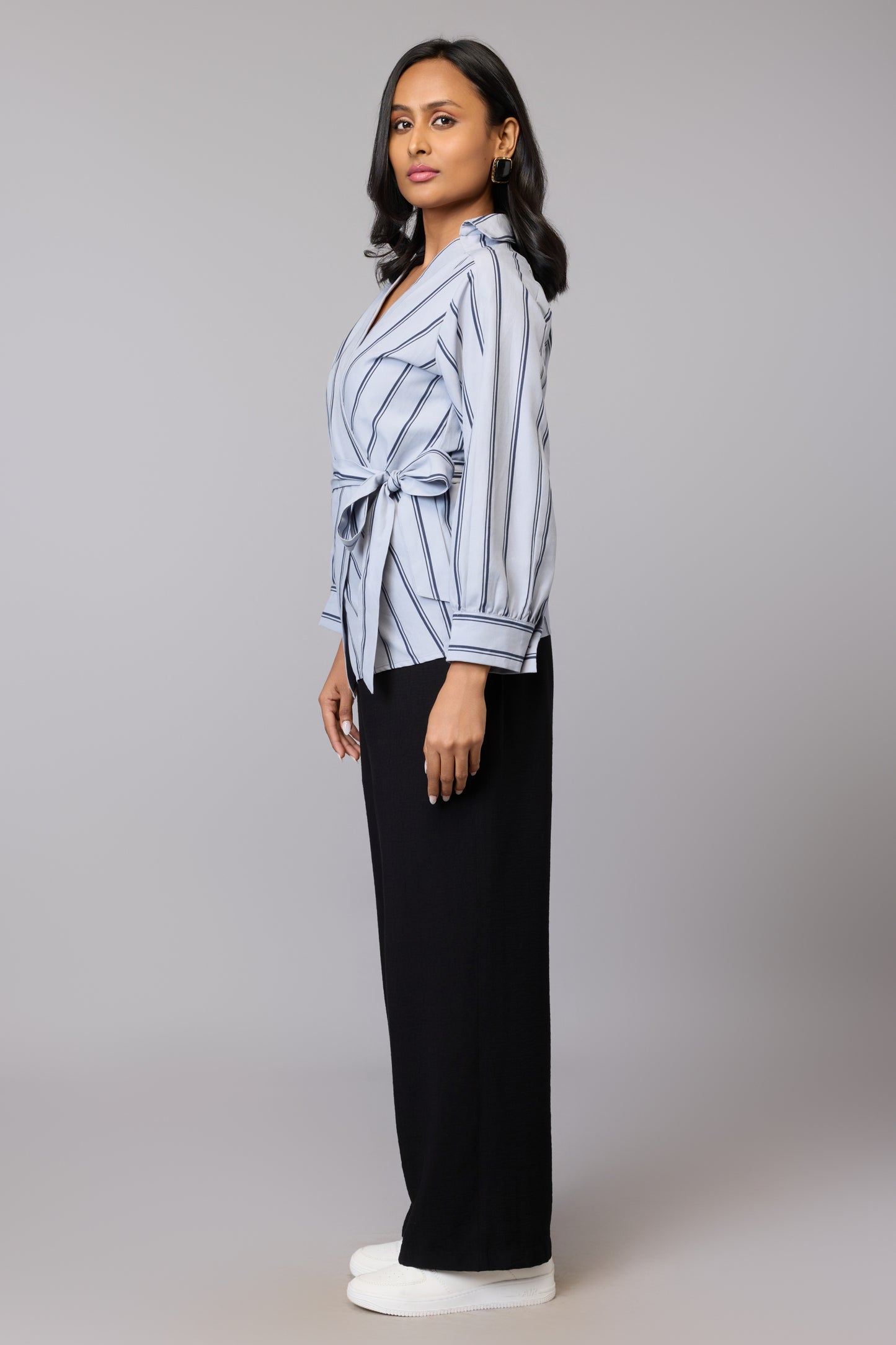 Striking Grey Stripe Wrap Top