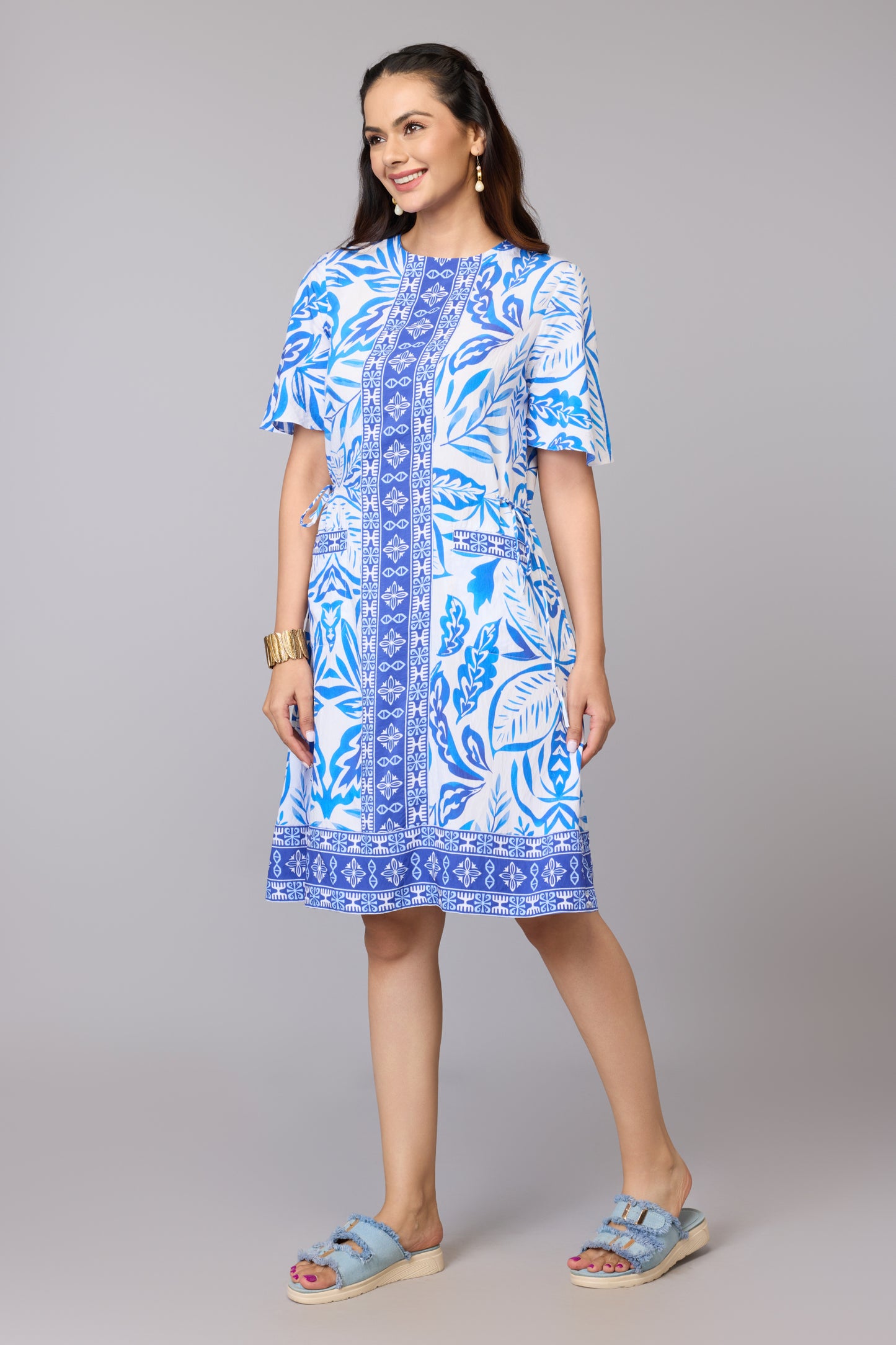 Blue Bloom Print A-Line Dress