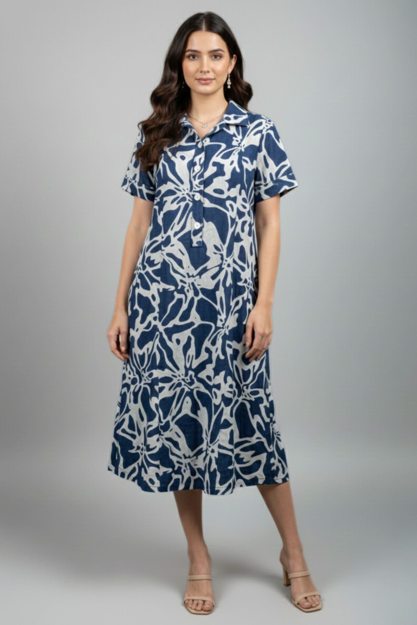 Abstract Print Shirt Dress - Blue | Lyocell Denim
