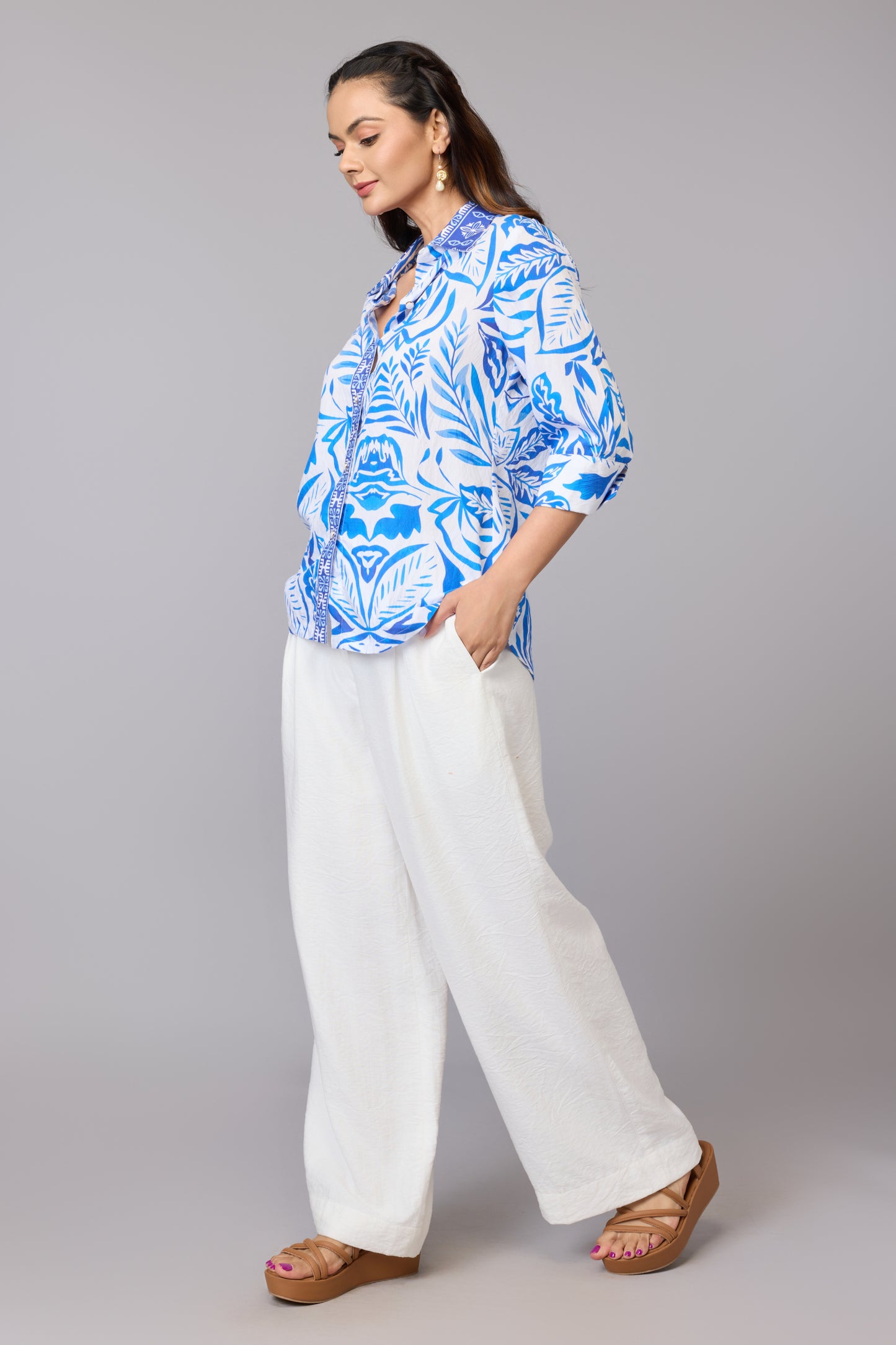 Blue Tile Print Shirt Top
