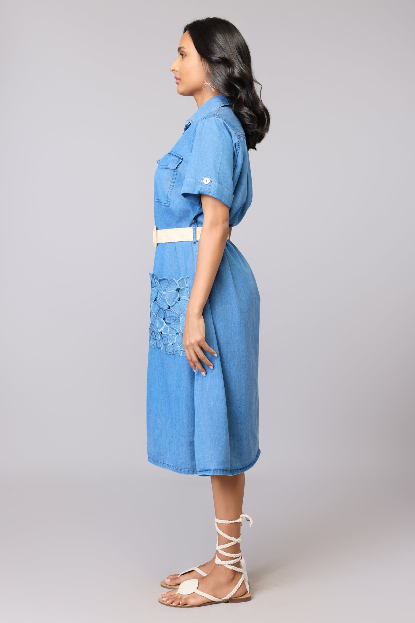 Floral Pocket Lyocell Denim Shirt Dress