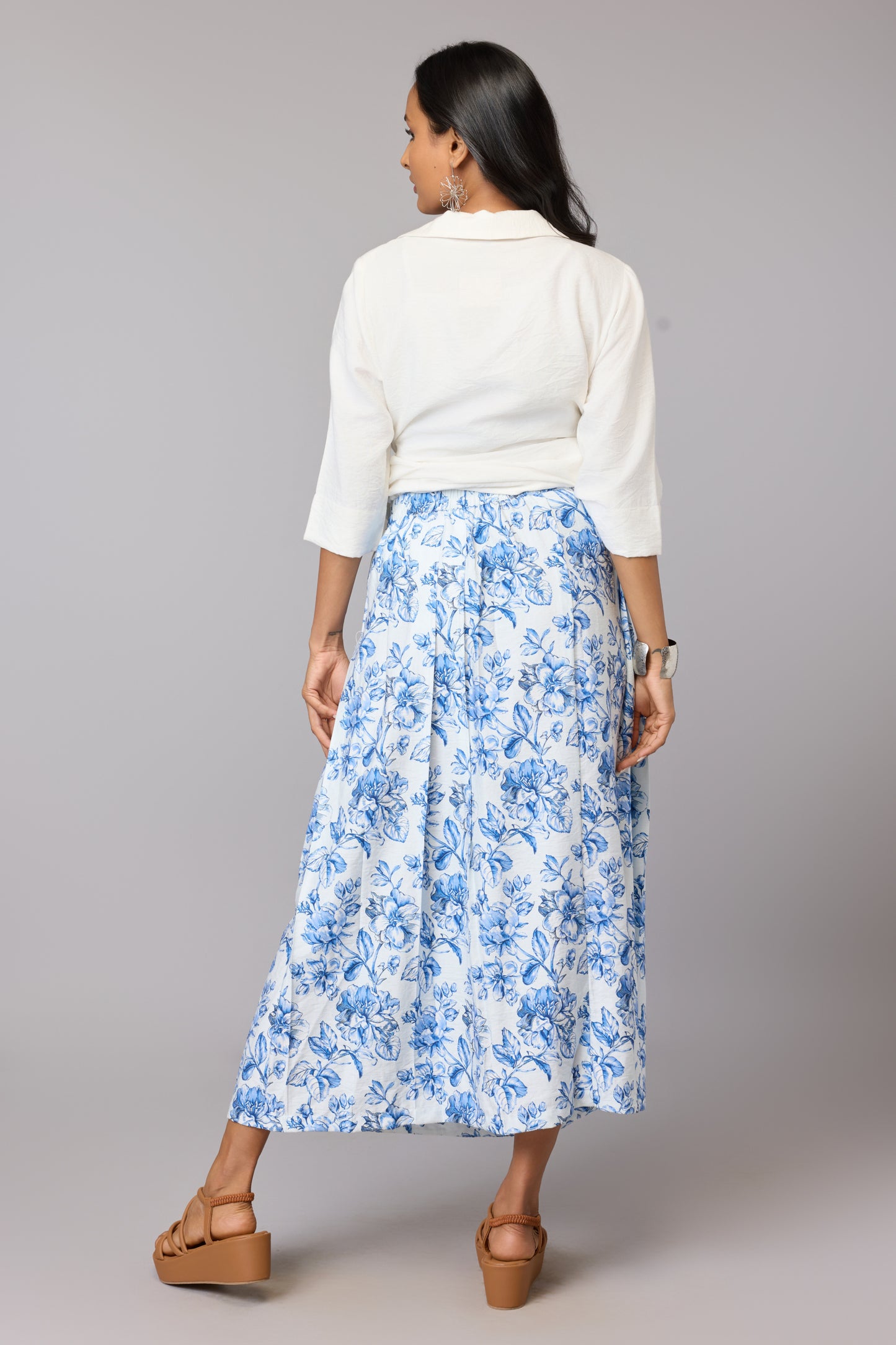 Elegant Blue Floral A-Line Skirt