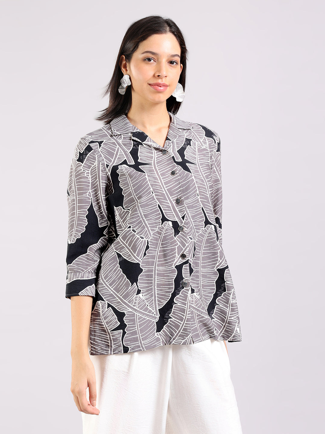 Black Leaf Print Shirt Top