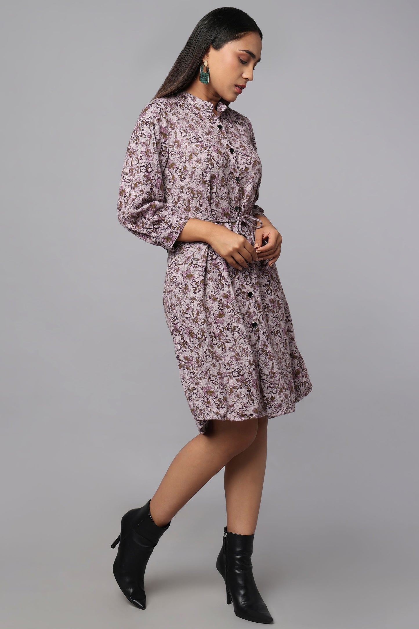 Purple Floral Shirt Dress with Waist Belt
