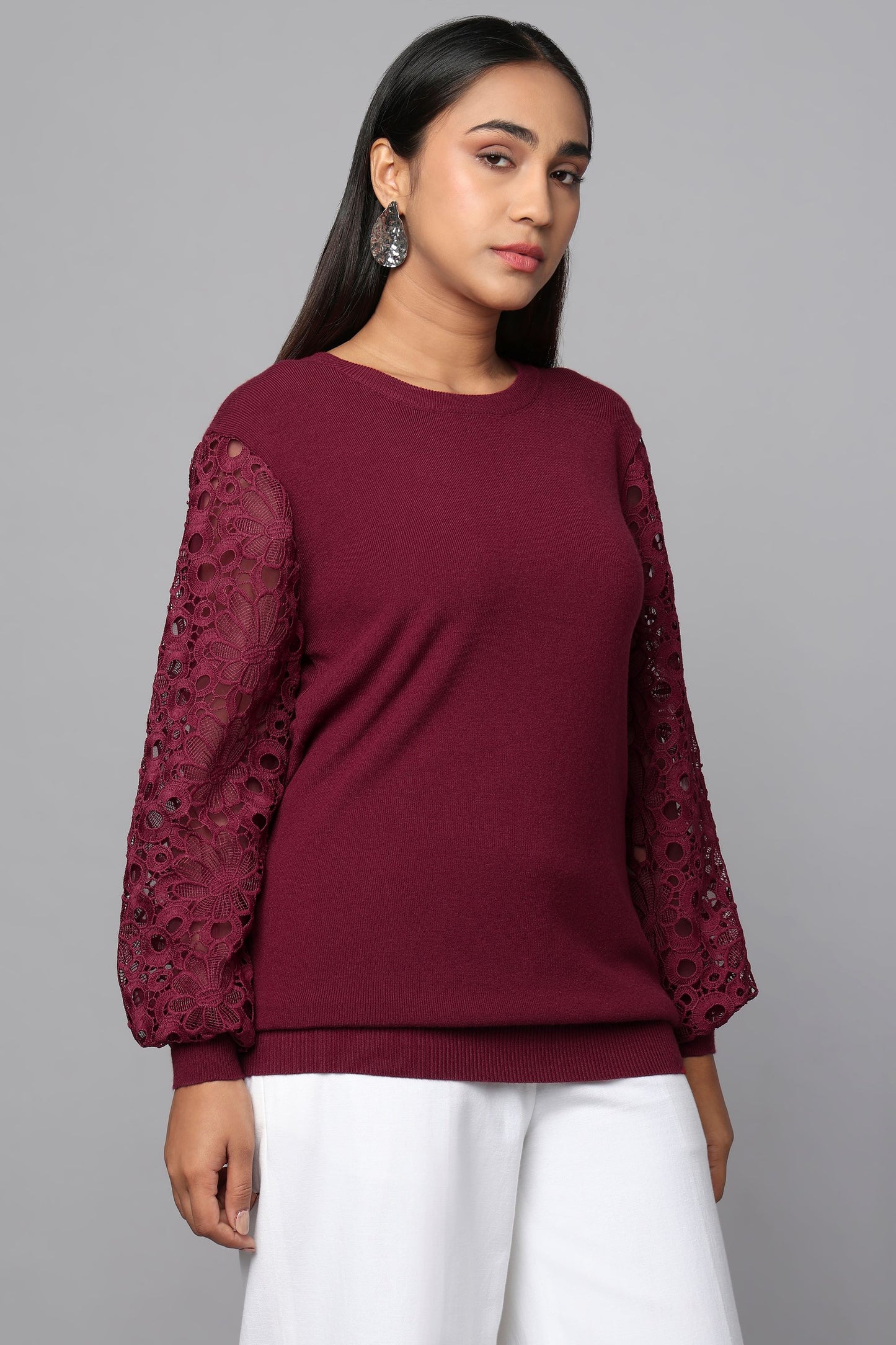 Lace Sleeve Maroon Knit Sweater