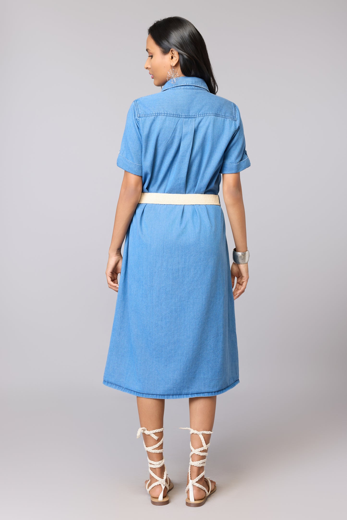 Floral Pocket Lyocell Denim Shirt Dress