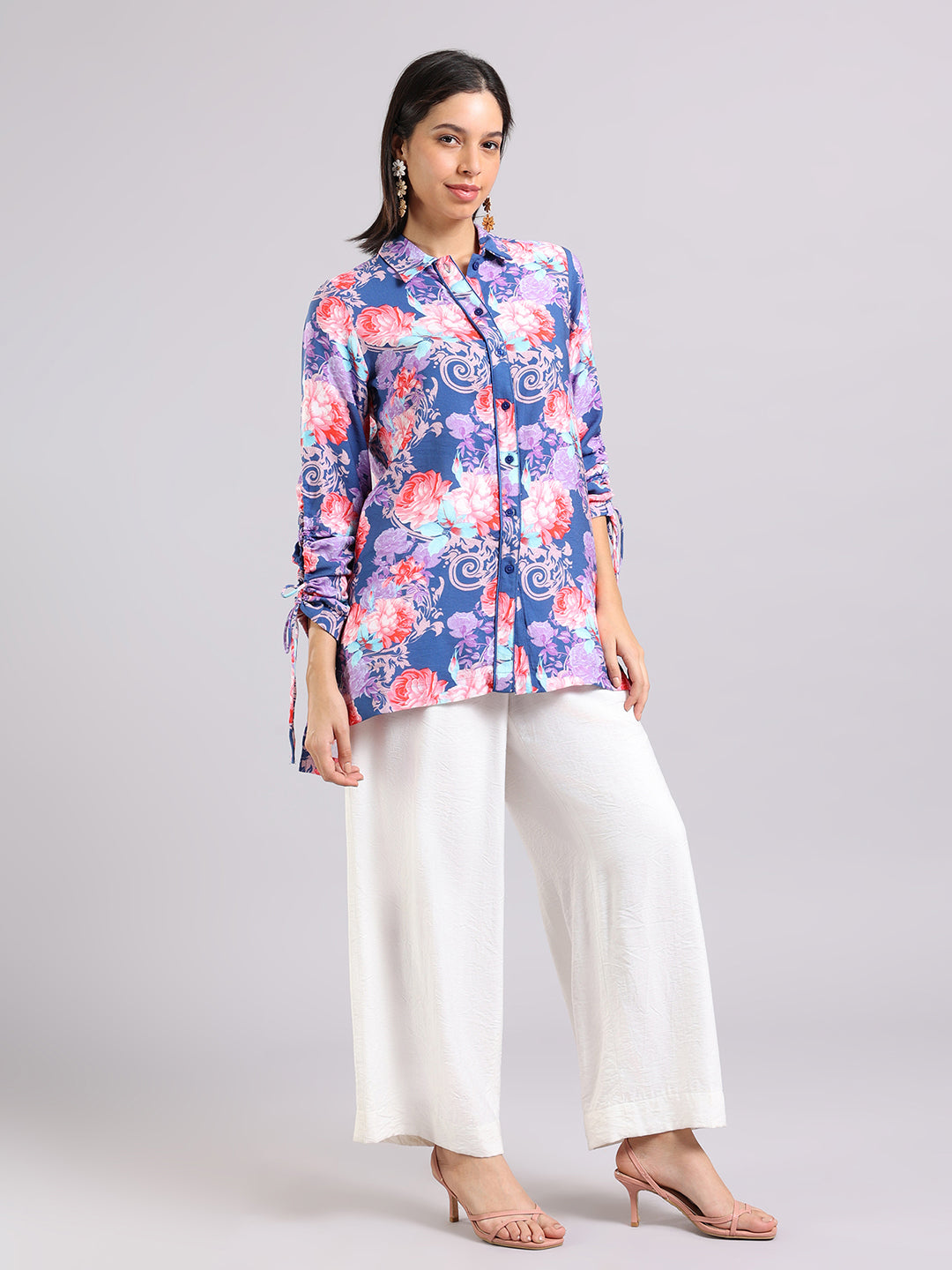 Purple Floral Print Long Sleeve Tunic