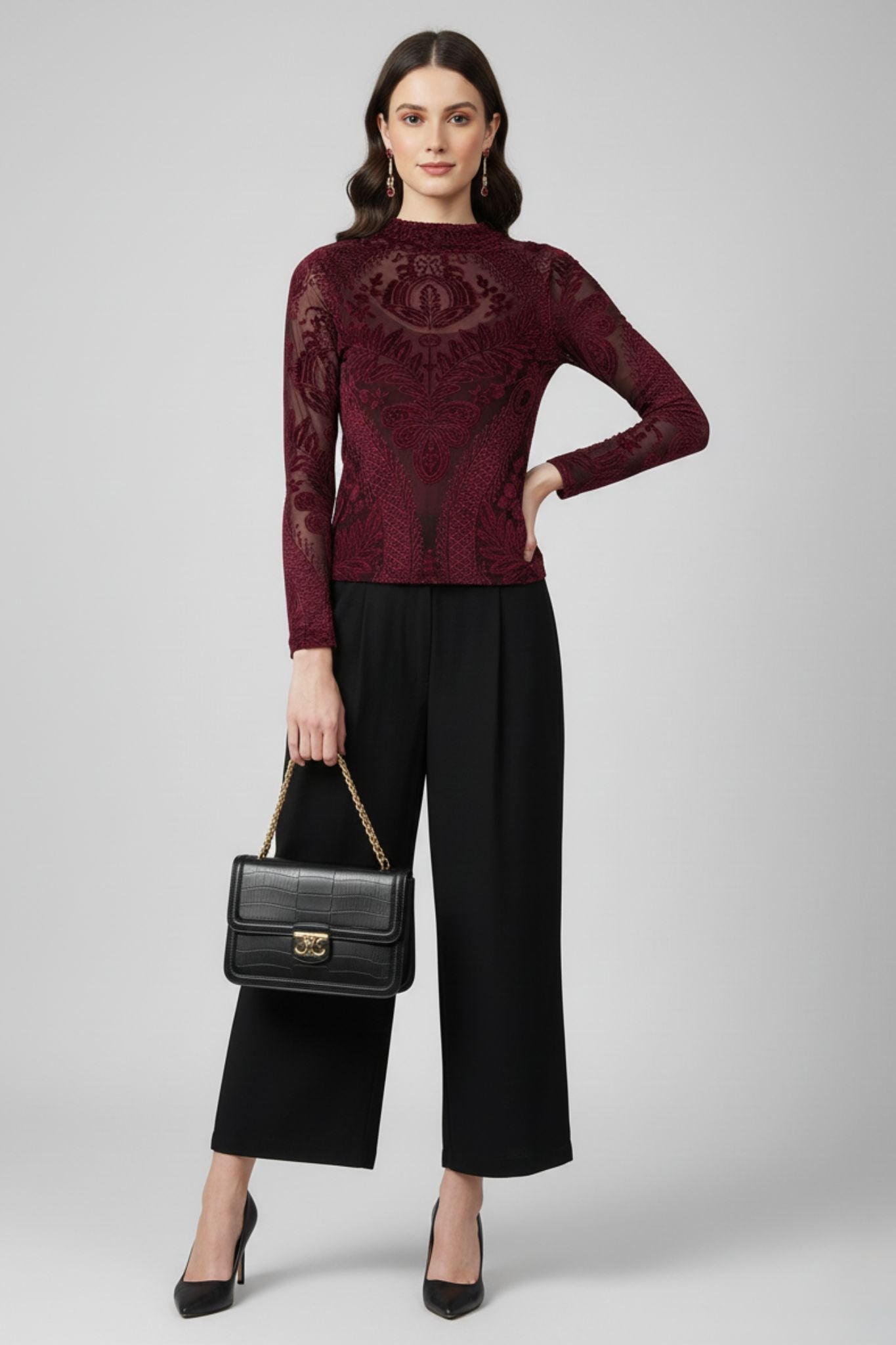 Maroon Velvet Burnout High-Neck Top