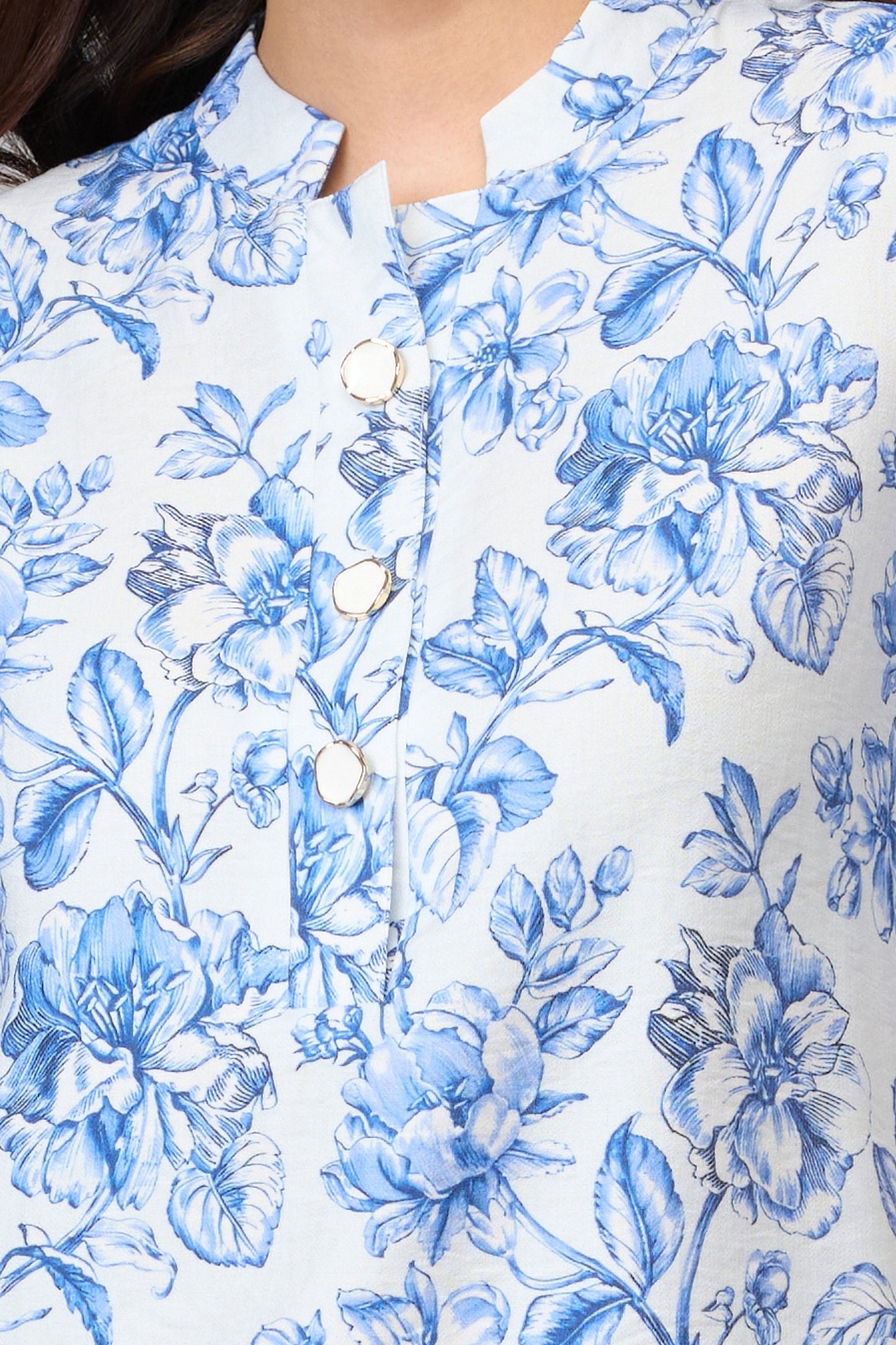 Elegant Blue Floral Print Mandarin Collar Top