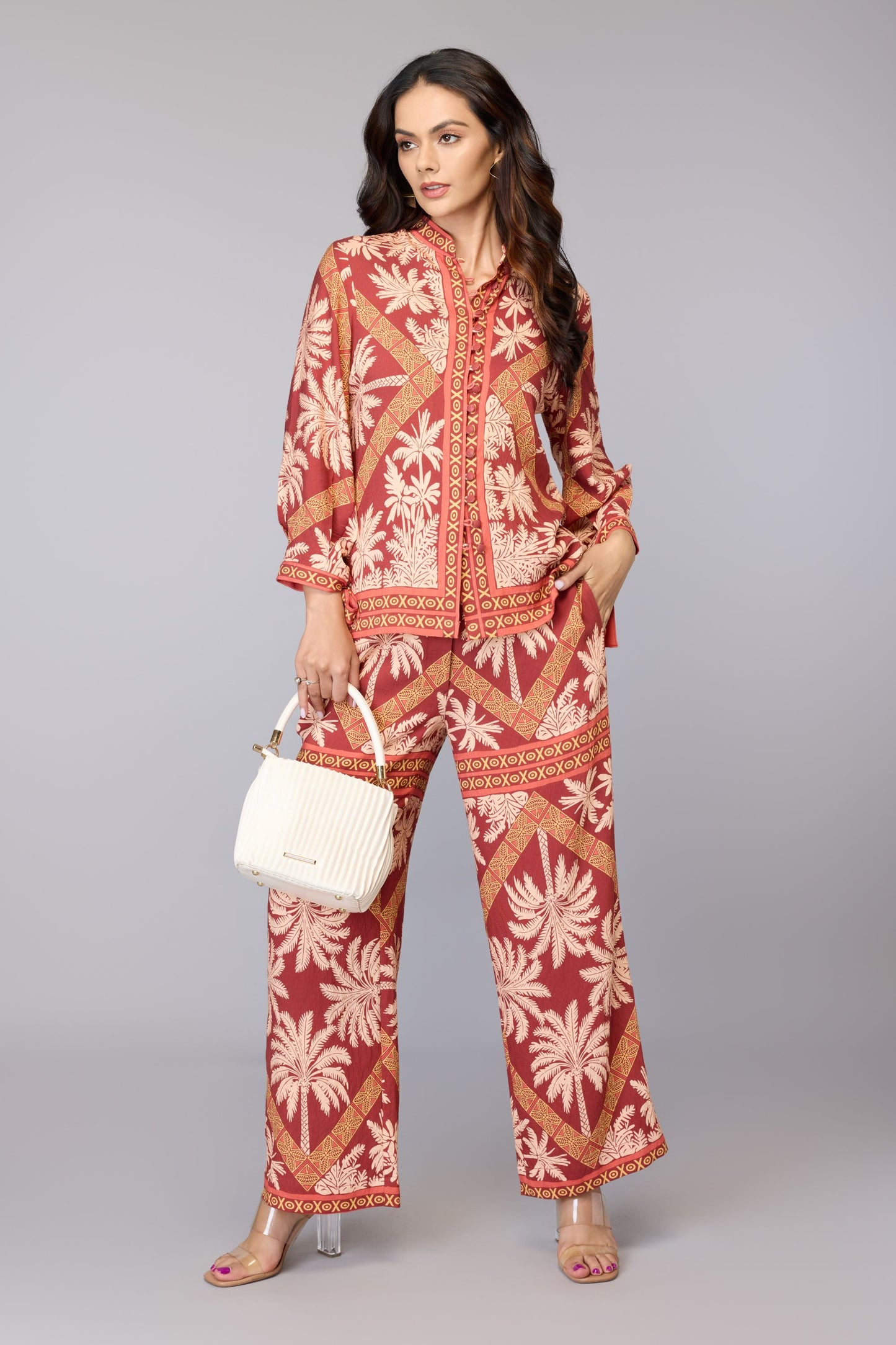 Palm Print Co-Ord Set - Brown | Viscose Blend