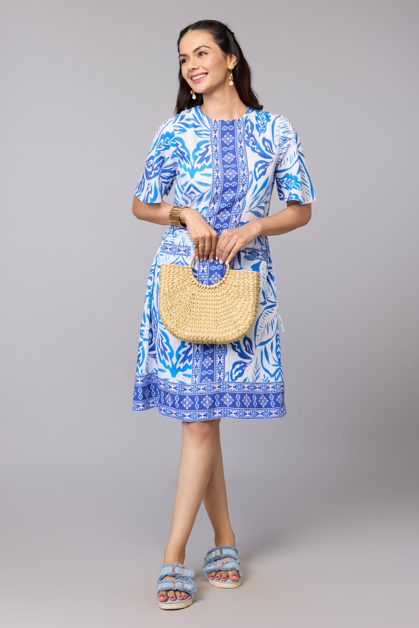 Blue Bloom Print A-Line Dress