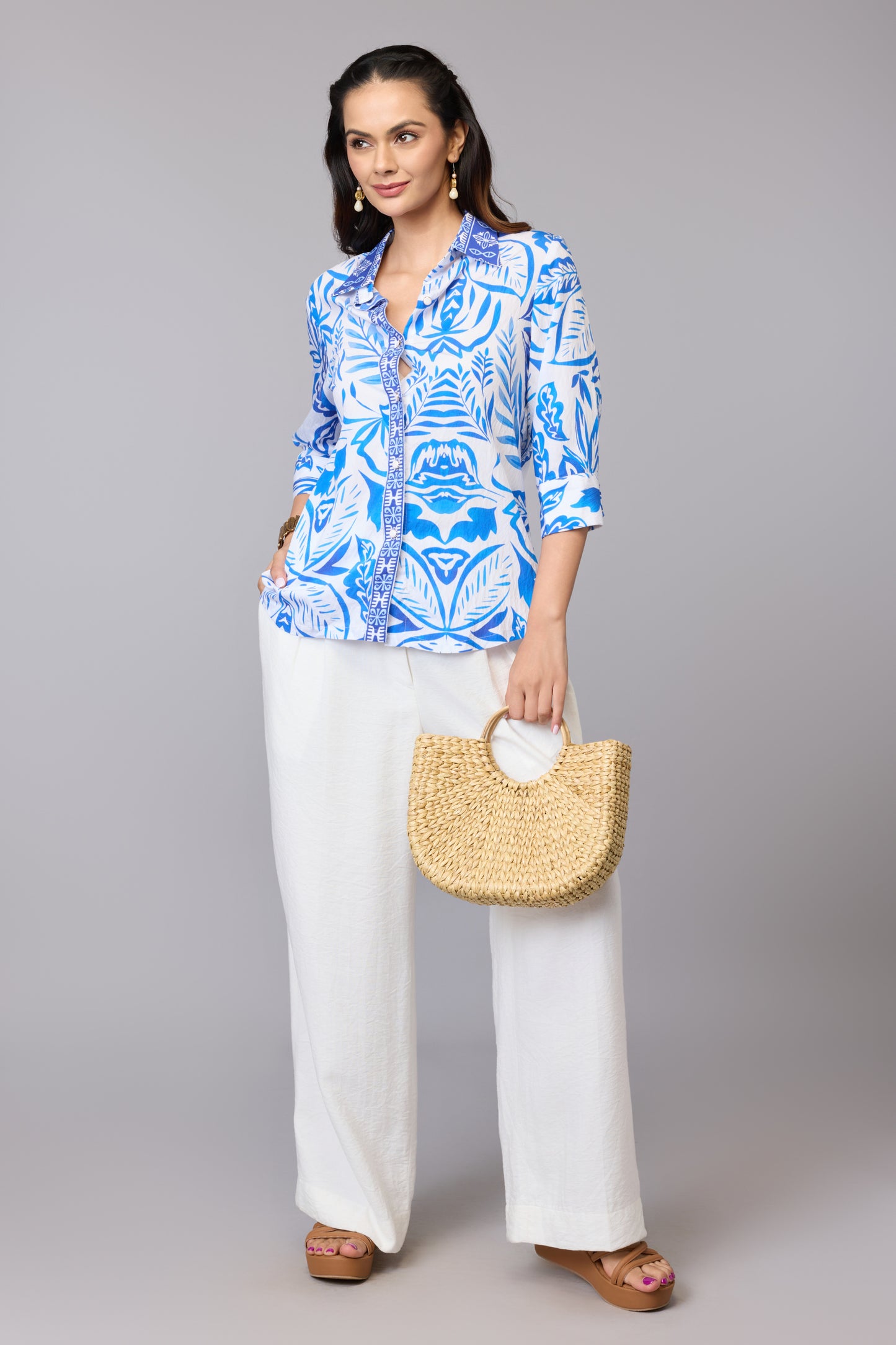 Blue Tile Print Shirt Top