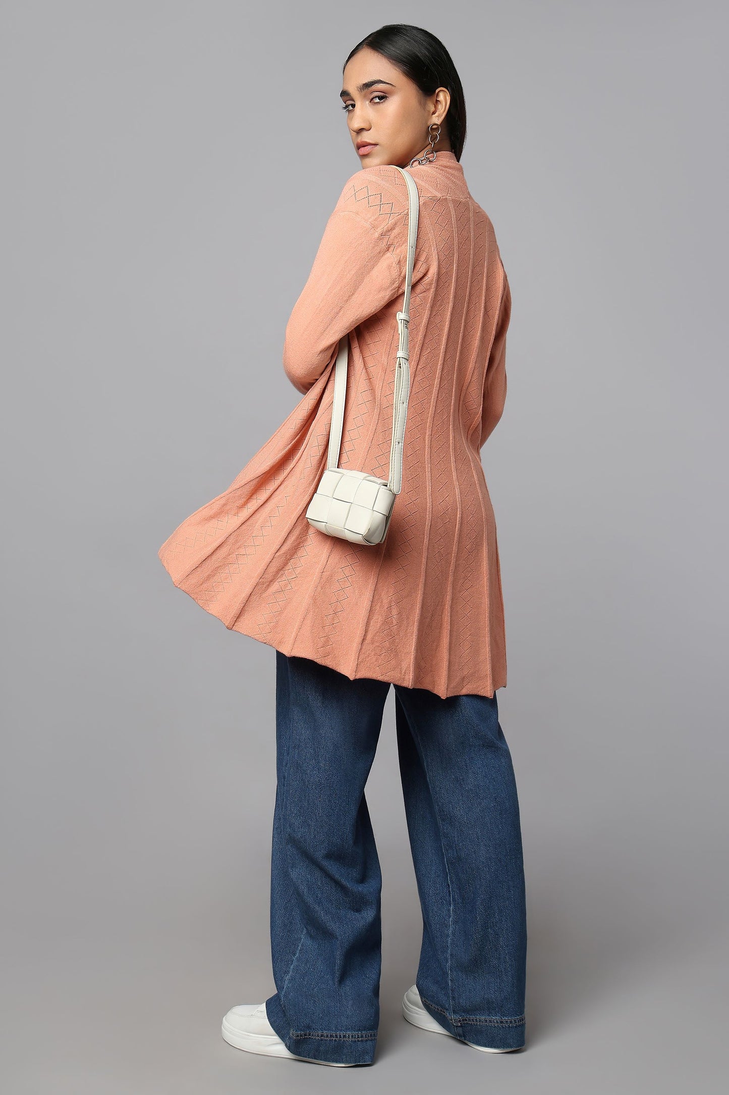 Diamond Knit Longline Cardigan - Pink