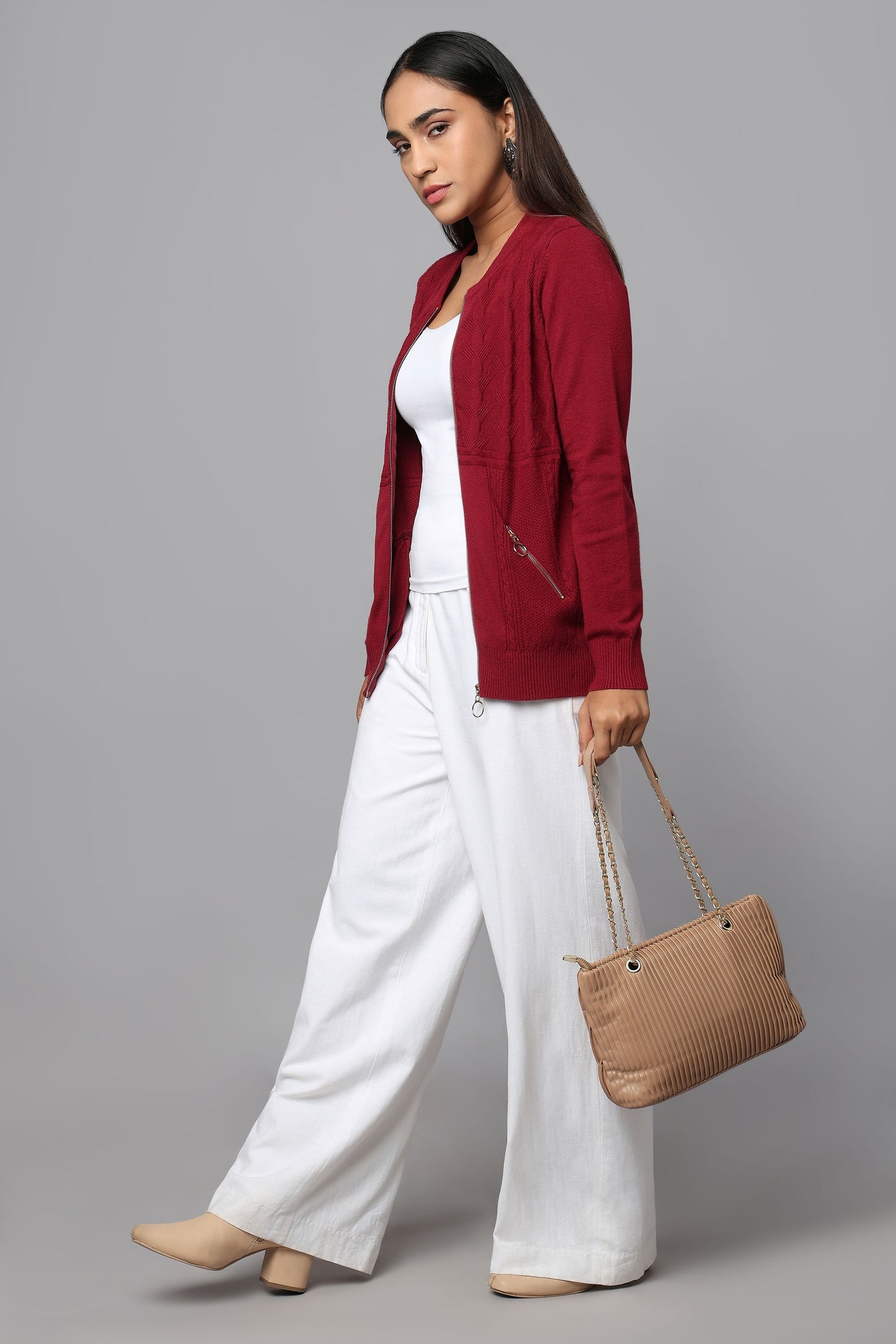 Knit Zip-Front Maroon Sweater with Pocket Detail