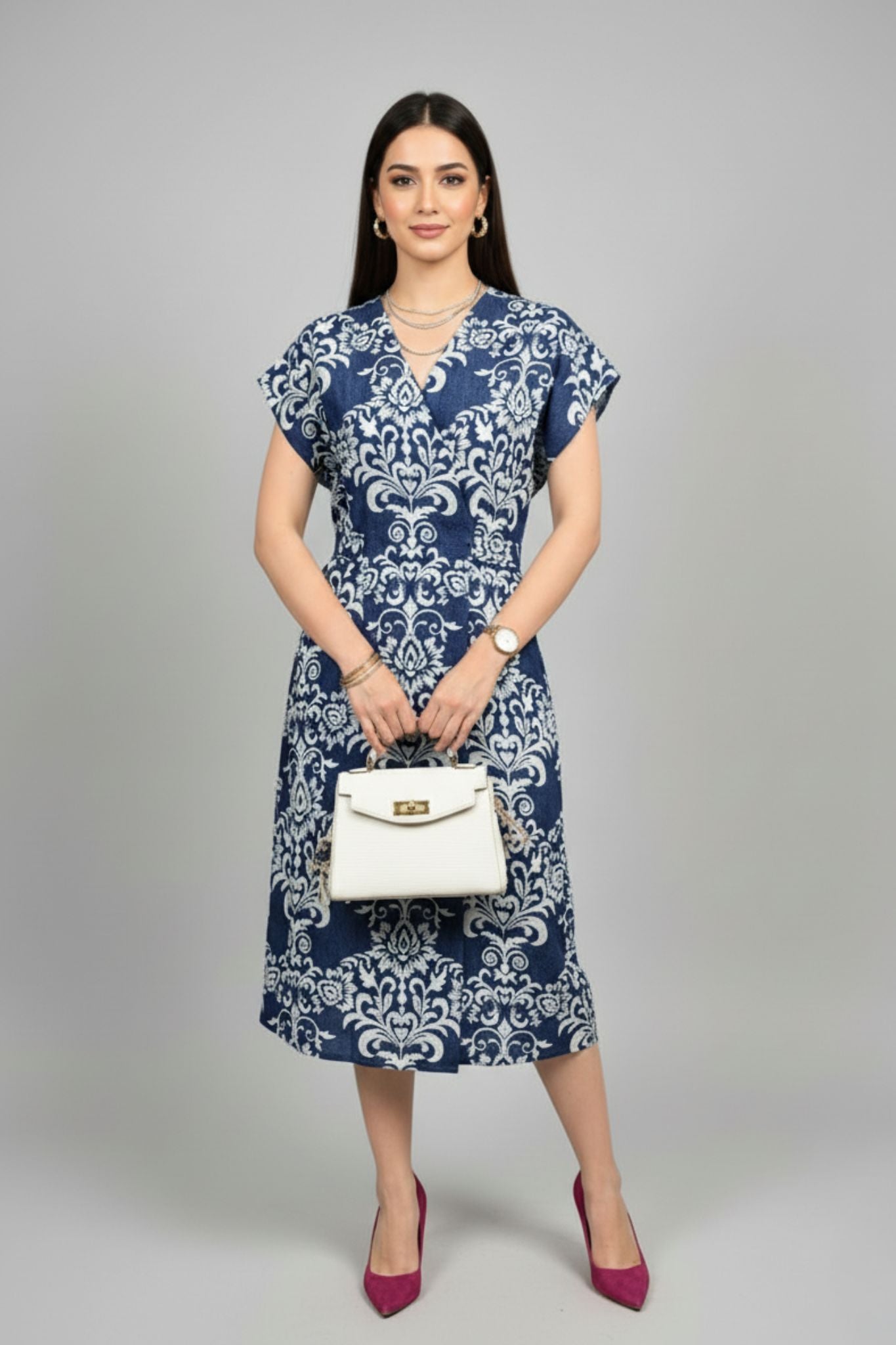 V-neck Printed Midi Dress - Blue | Lyocell Denim