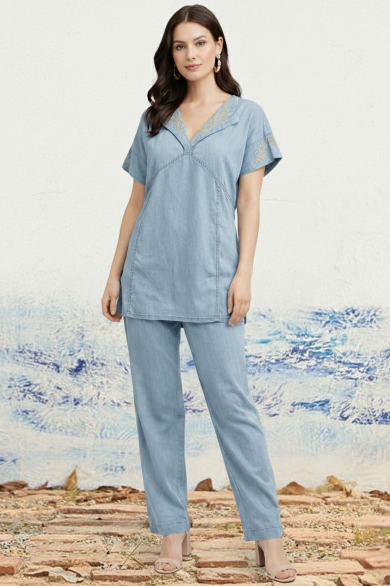 Embroidered Co-Ord Set - Blue | Lyocell Denim