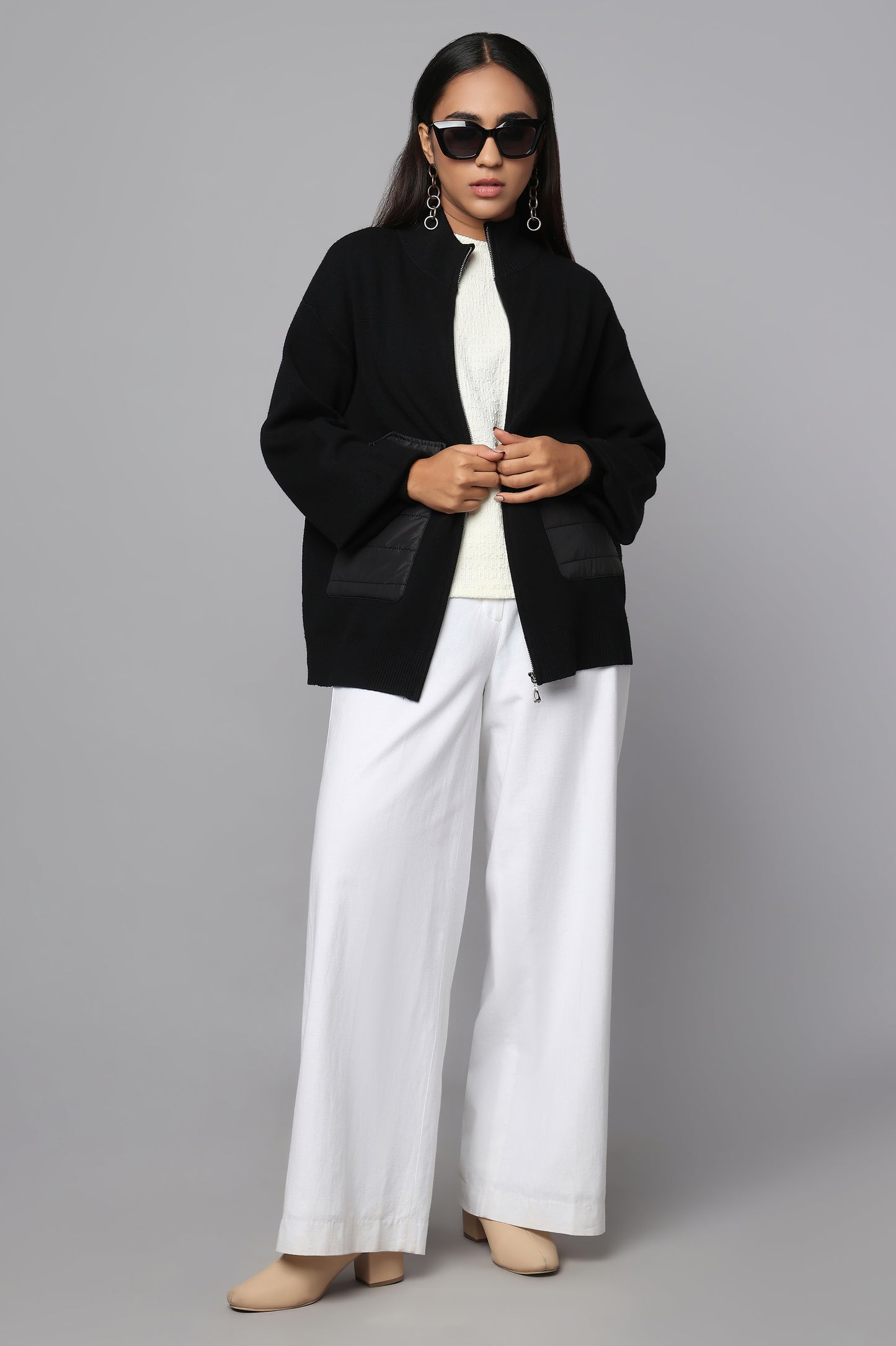 Zip-Up Black Sweater with Quilted Pockets