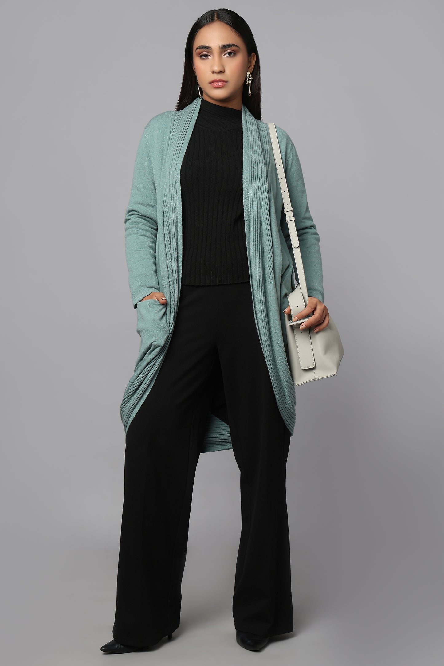 Longline Knit Sweater with Draped Hem - Sage