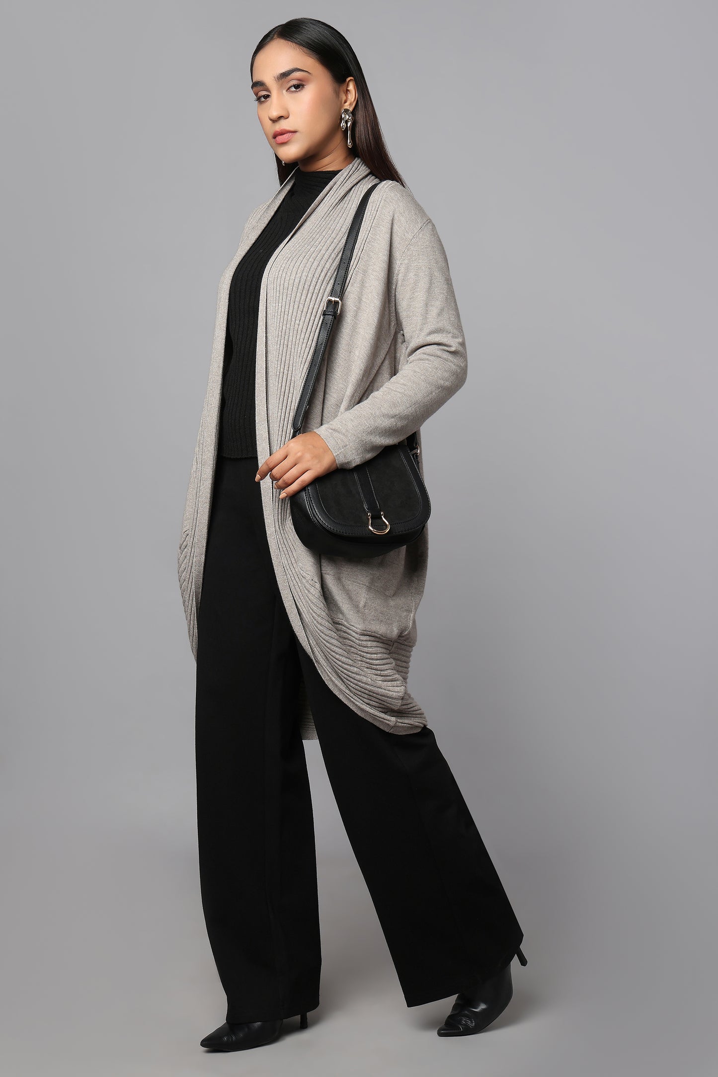 Longline Knit Sweater with Draped Hem - Grey