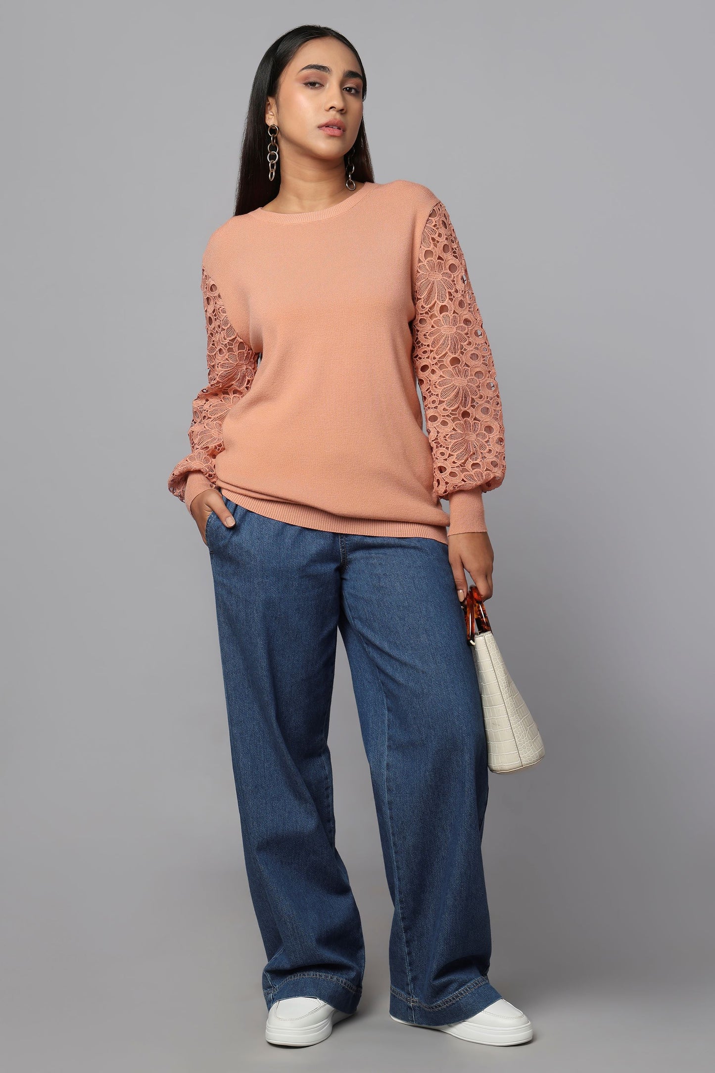 Lace Sleeve Pink Knit Sweater