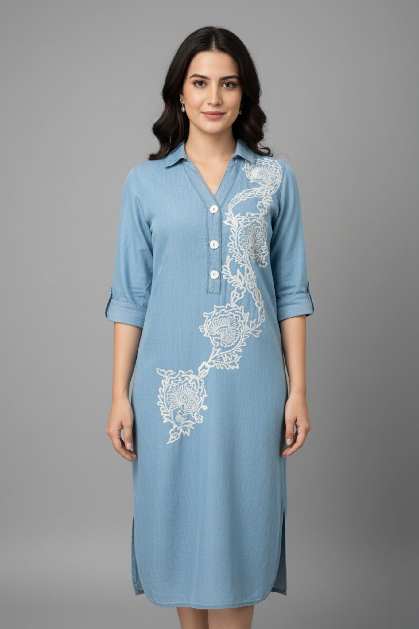 Embroidered Shirt Collar Midi Dress - Blue | Lyocell Denim