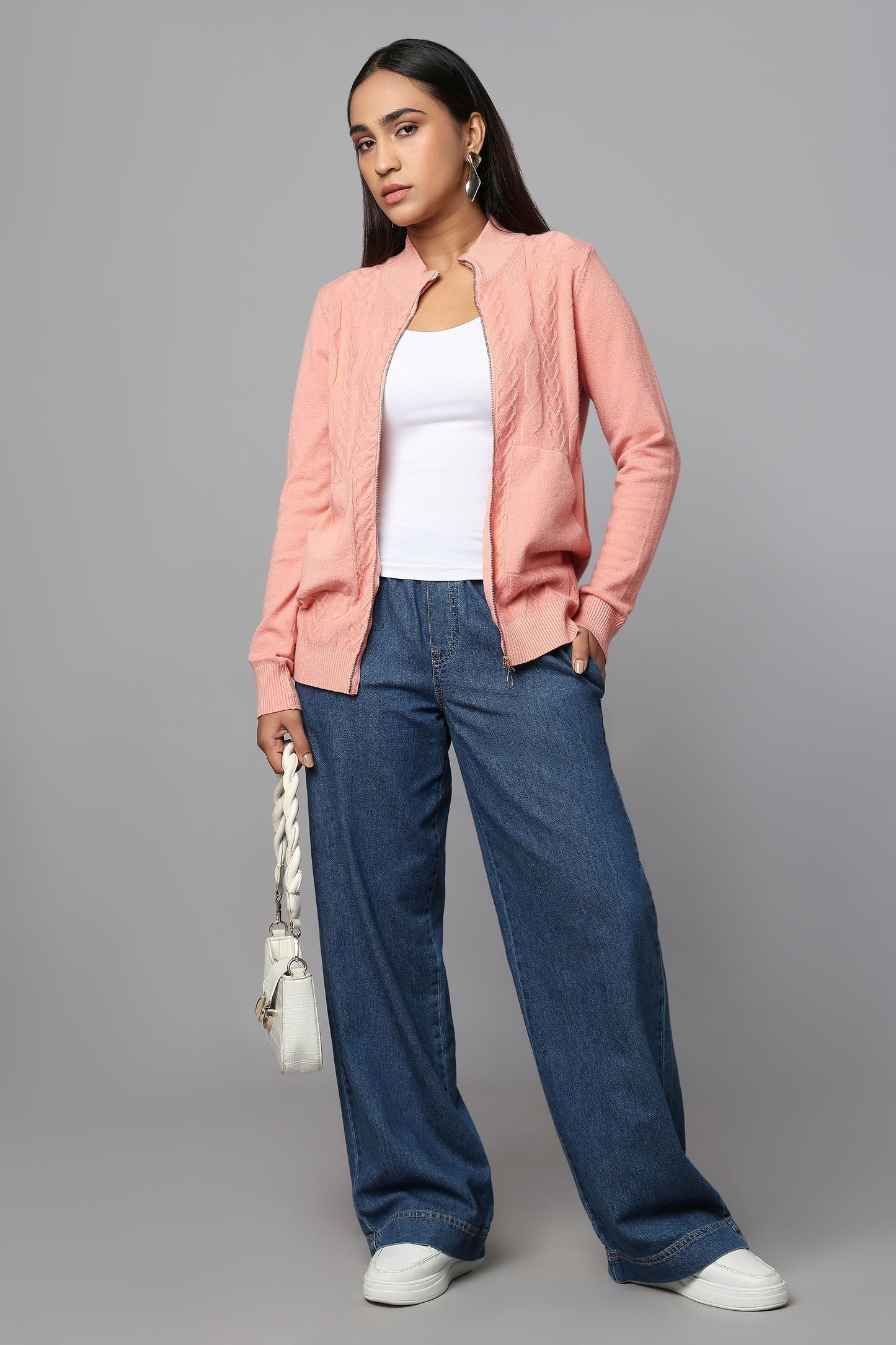 Cable Knit Zip-Up Sweater - Pink