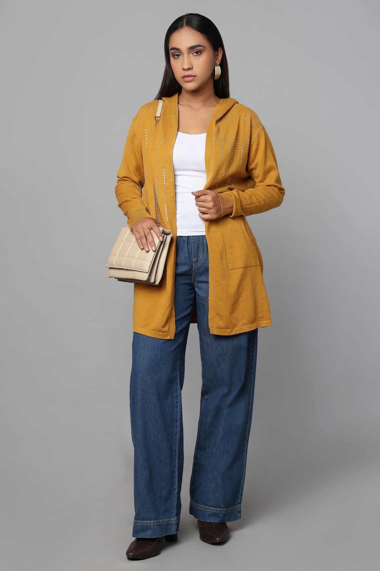 Hooded Embellished Longline Cardigan - Ocher