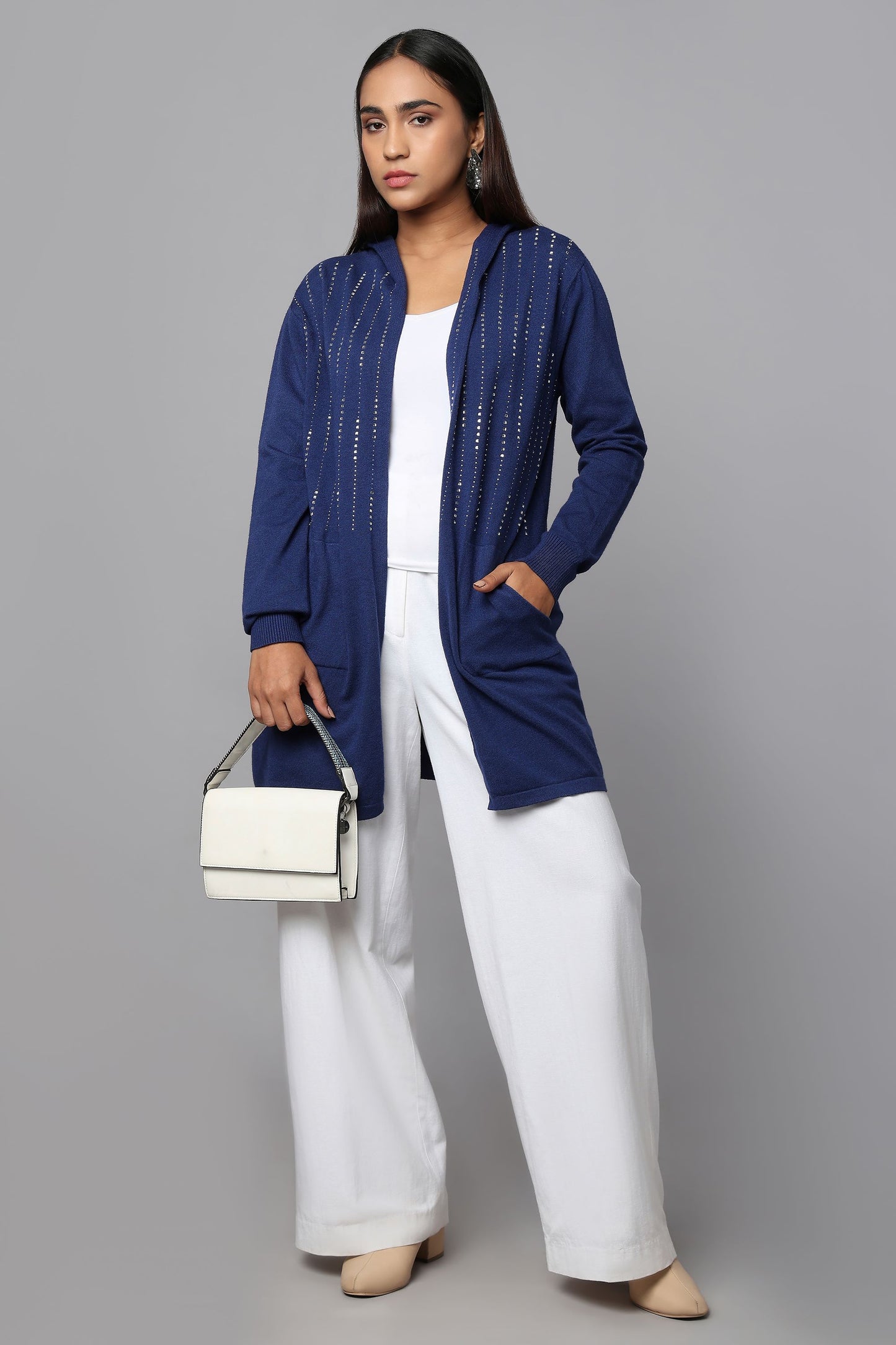 Hooded Embellished Longline Cardigan - Blue
