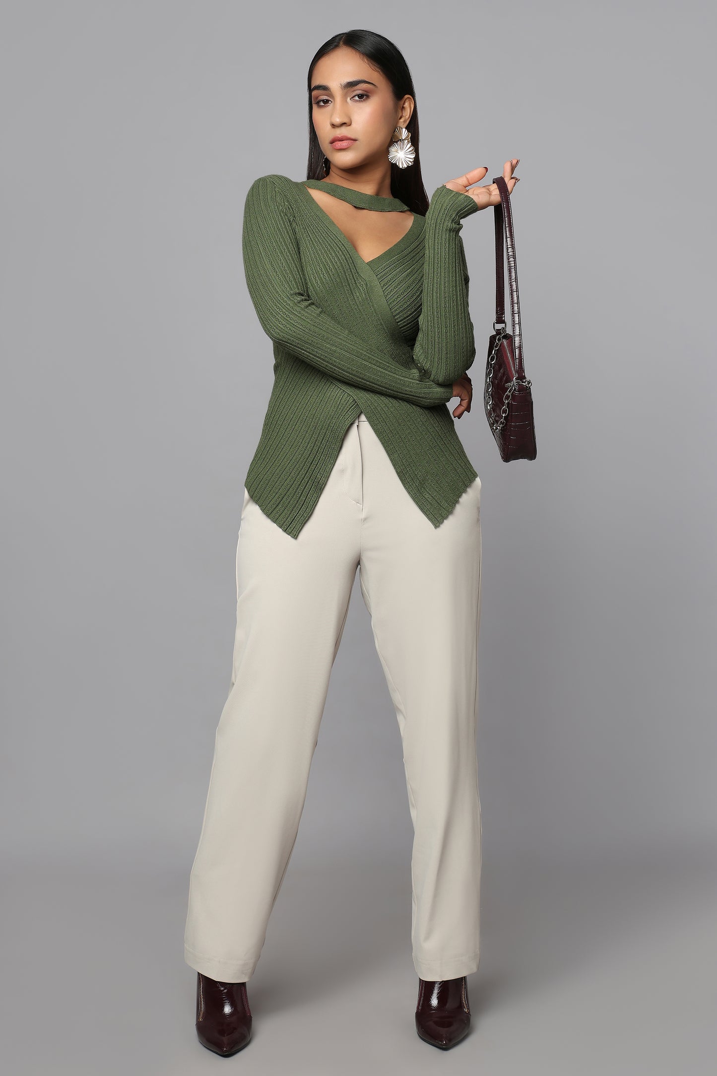 Ribbed Wrap Knit Sweater - Olive