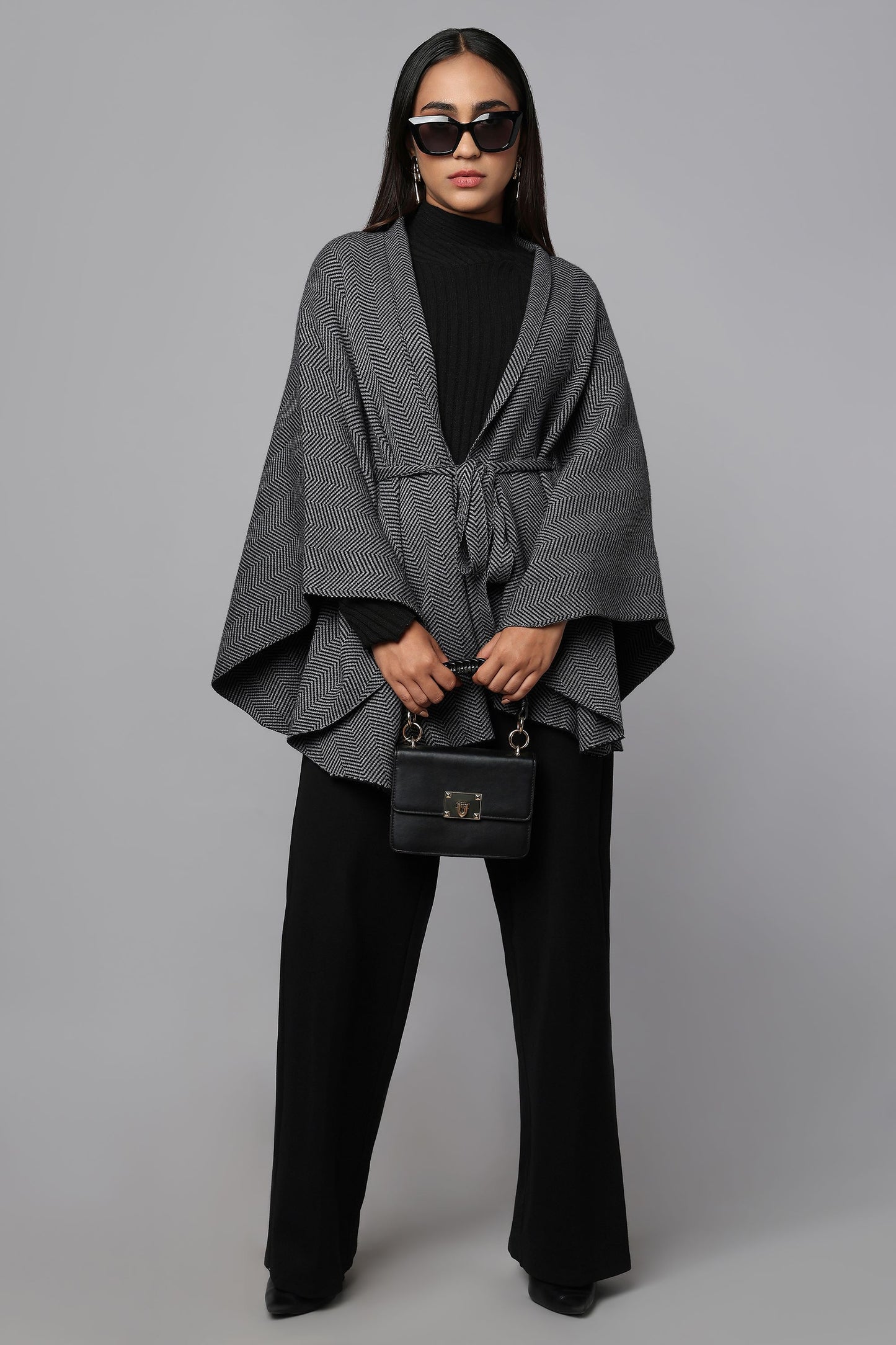 Belted Cape Sweater with Flared Hem - Black