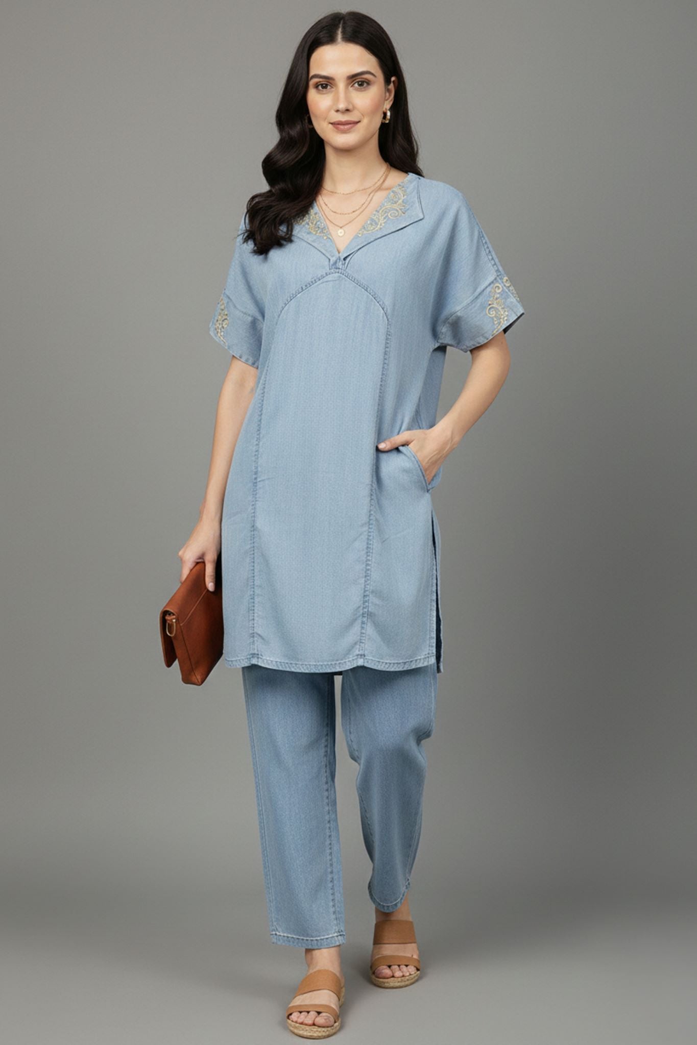 Short Sleeves Embroidered Tunic - Blue | Lyocell Denim