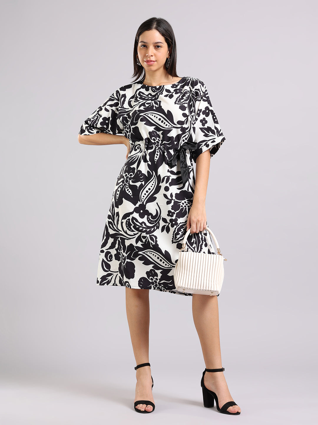 Black & White Floral Tie-Up Dress