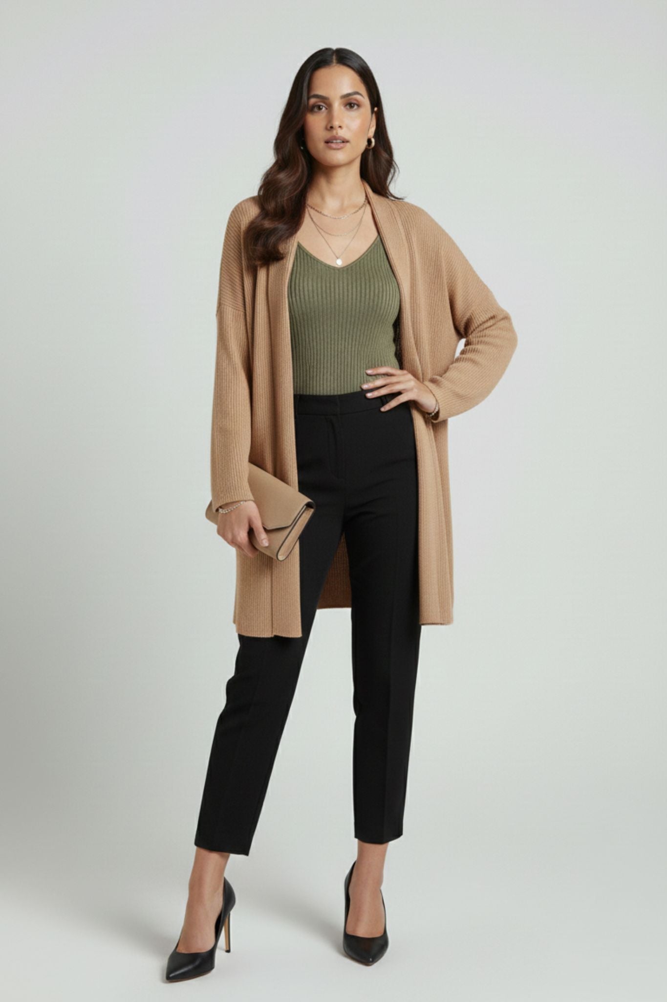 Dark Beige Ribbed Open Shrug